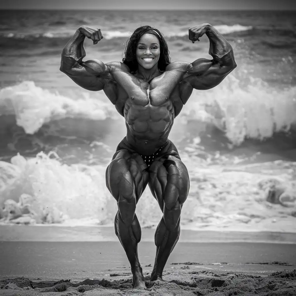 Kenyan female bodybuilder very big muscles big biceps huge arms huge legs topless at the beach
