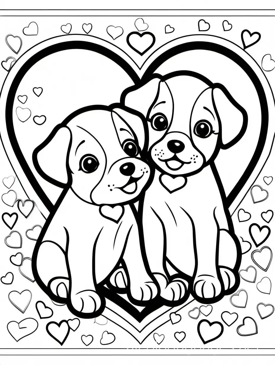 Coloring book page for young child, 2 puppies in love with hearts, no bleed,, Coloring Page, black and white, line art, white background, Simplicity, Ample White Space. The background of the coloring page is plain white to make it easy for young children to color within the lines. The outlines of all the subjects are easy to distinguish, making it simple for kids to color without too much difficulty