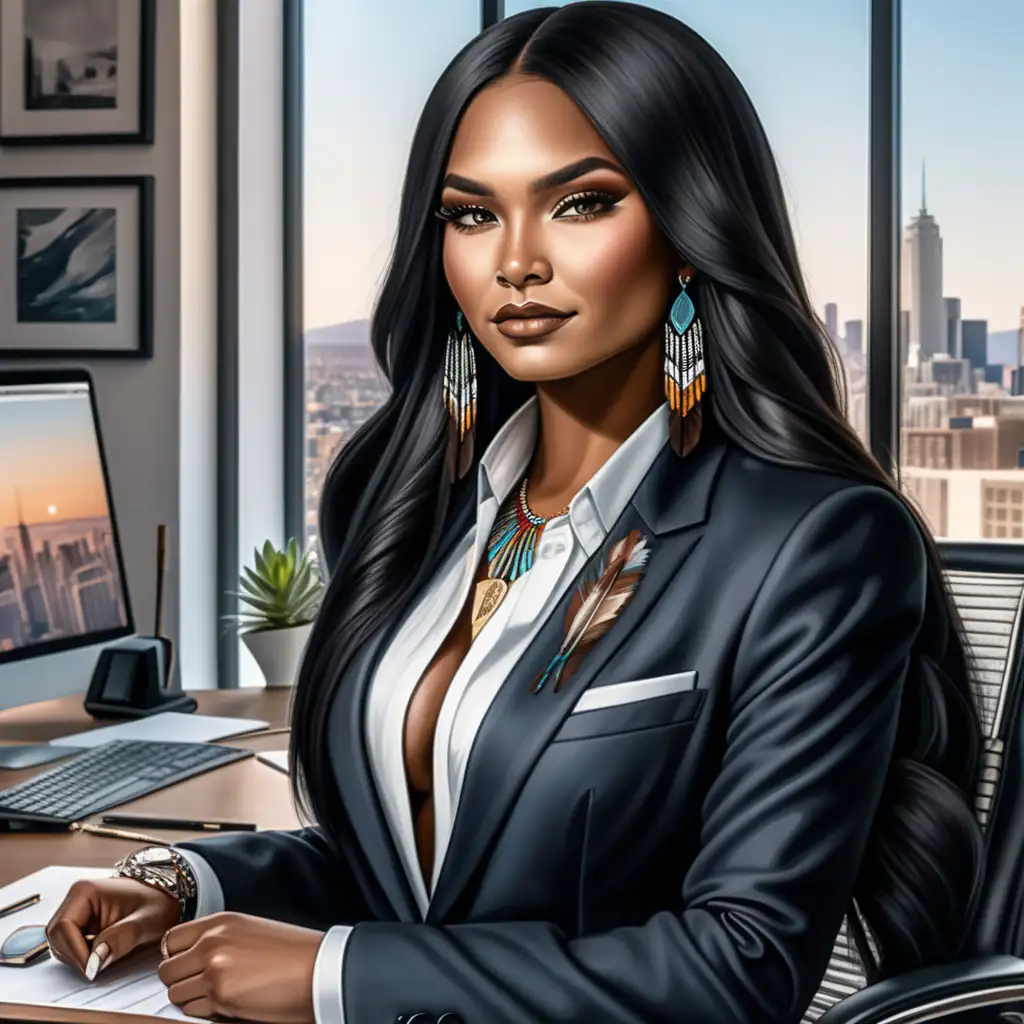 create an airbrush illustration of an thick dark skin native american woman beauty with pretty makeup, long beautiful straight black hairstyle, she is flawlessly dressed in a tailored classy suit, she looks like a rich CEO, seductive smirk on her face, bougie diva vibes, high-rise office with lavish decor & panoramic windows