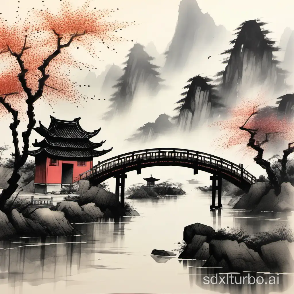 Paint a Chinese ink painting, rainy day, covered bridge, oil-paper umbrella, high and low distant mountains and nearby Hui-style buildings