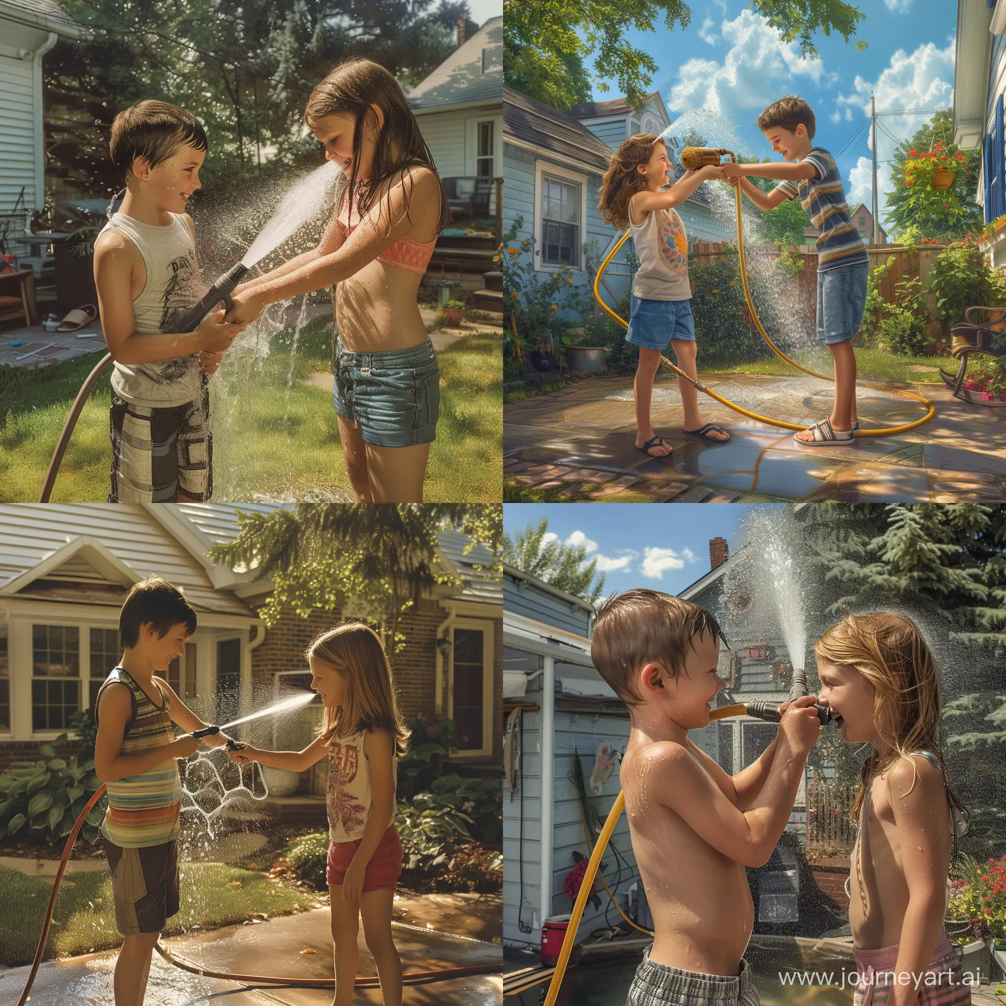 Мальчик и девочка поливают друг друга водой из садового шланга во дворе дома, солнечный летний день, фотография, гиперреализм, высокое разрешение