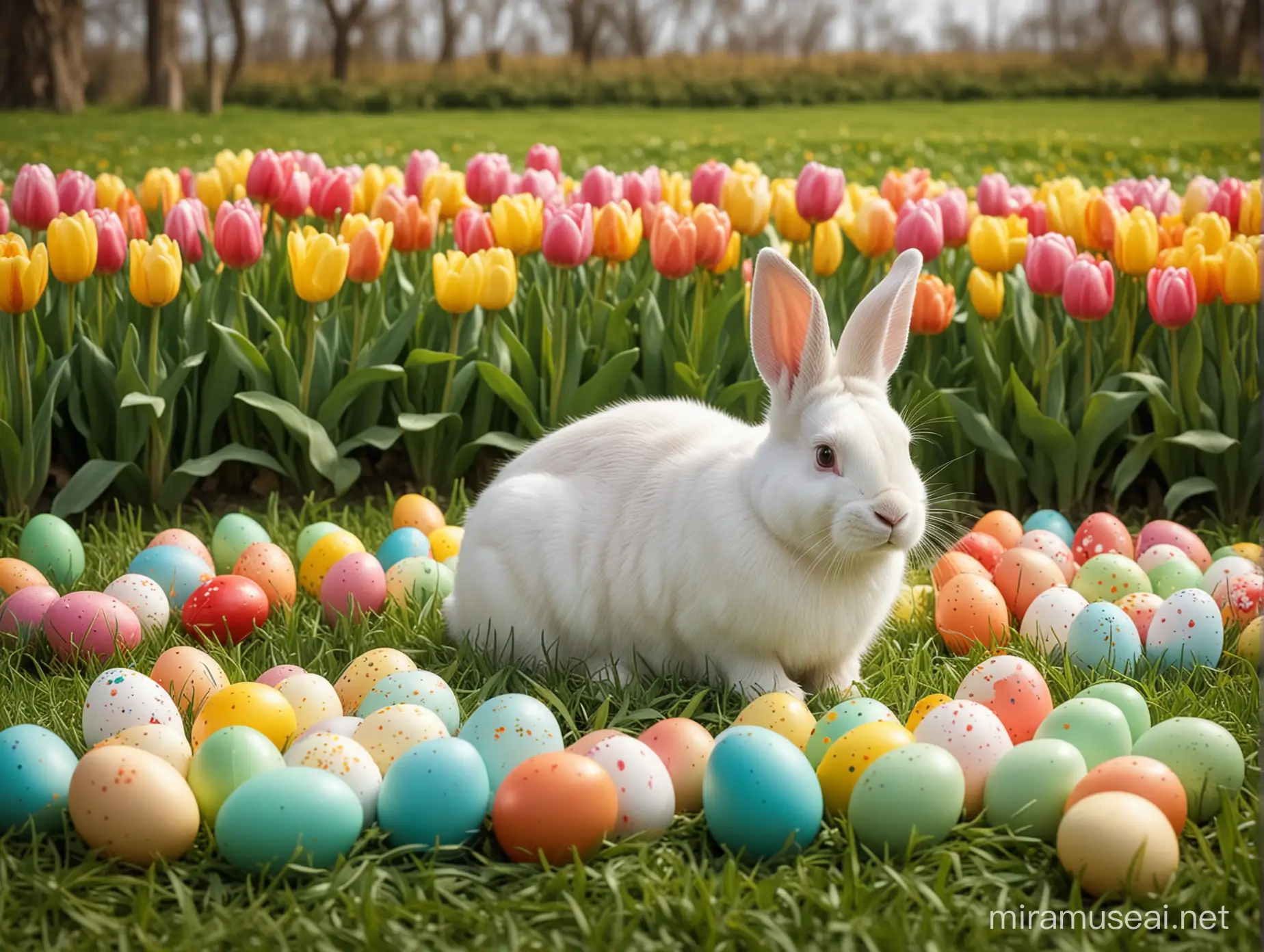 Fehér nyuszi ül a fűben, körülötte színes húsvéti tojások, tulipánok, a háttérben zöld mező, realisztikus fotó