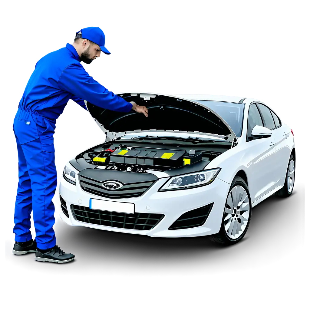 a mechanic with a car battery near a bonnet opened car