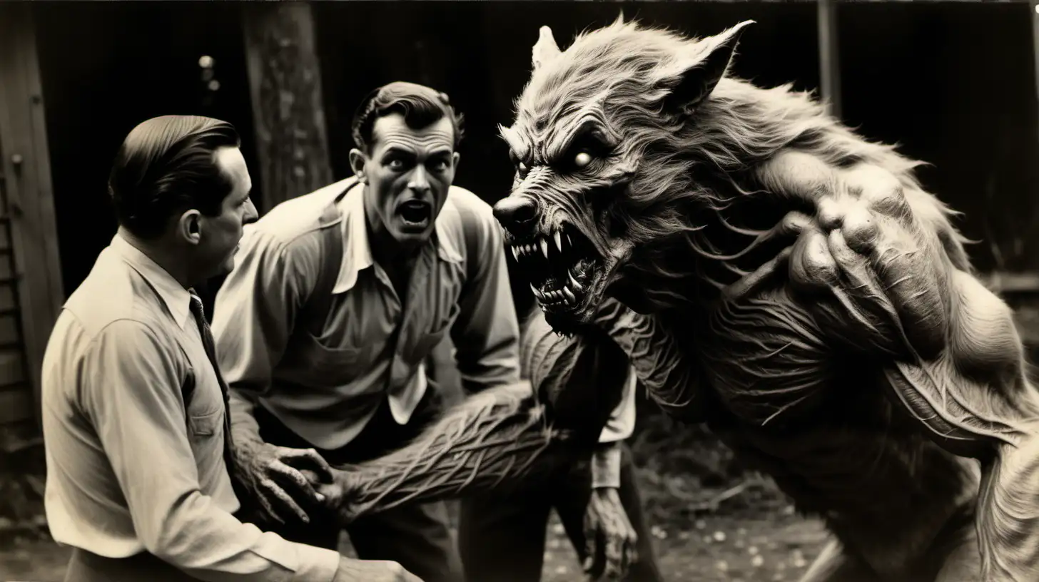 shocking photo of a giant a captured a a mutated werewolf caught by two man, black and white photo from 1947, dirty old photo, low photo quality, vintage color black monochrome palette, --style raw --ar 16:9 --v 6.0