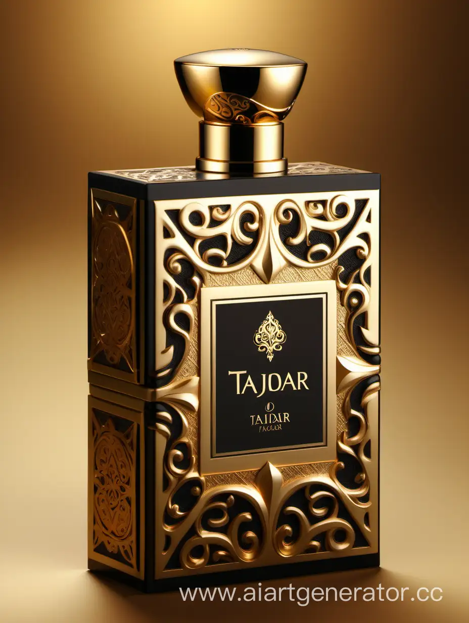 Box package design of perfume TAJDAR product, elegant, trending on artstation,   sharp focus,   studio photo,   intricate details,   highly detailed,   gold, Royal black and beige color on gold background