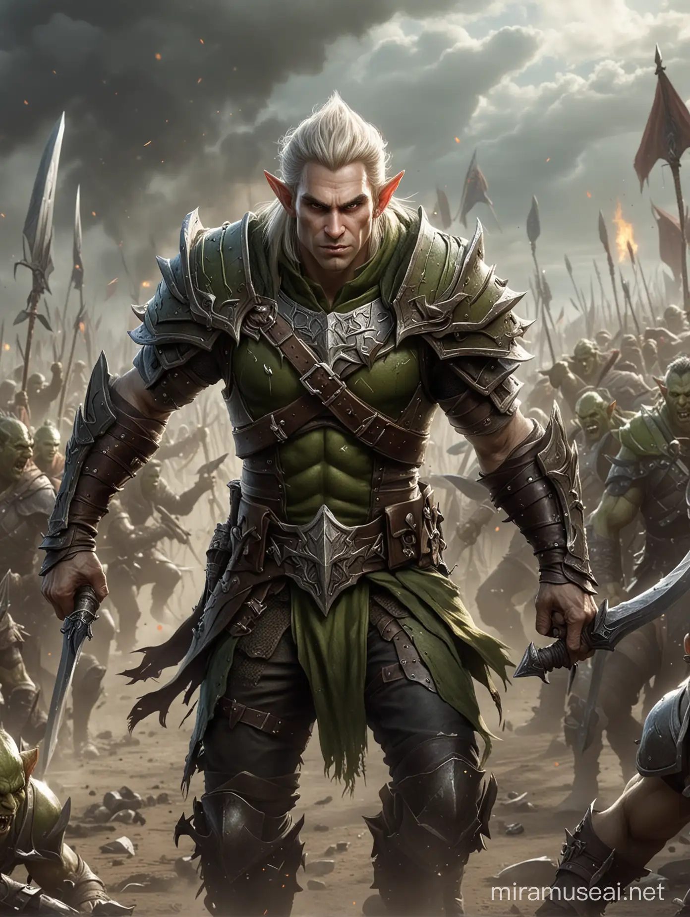 create the image of a crazy but handsome elf warrior on the battlefield, fighting off an army of orcs