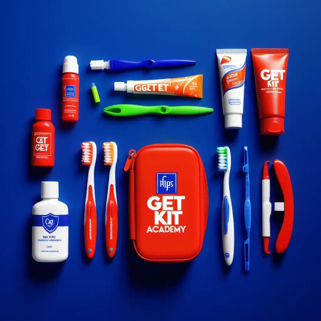 create a high resolution realistic image of a childrens hygiene kit that includes toothbrush, toothpaste, floss, deordant, lotion, nail clapper, Q-Tip's. Company name "Get Right Academy". Incorporate colors royal blue, orange. neon green, and red.