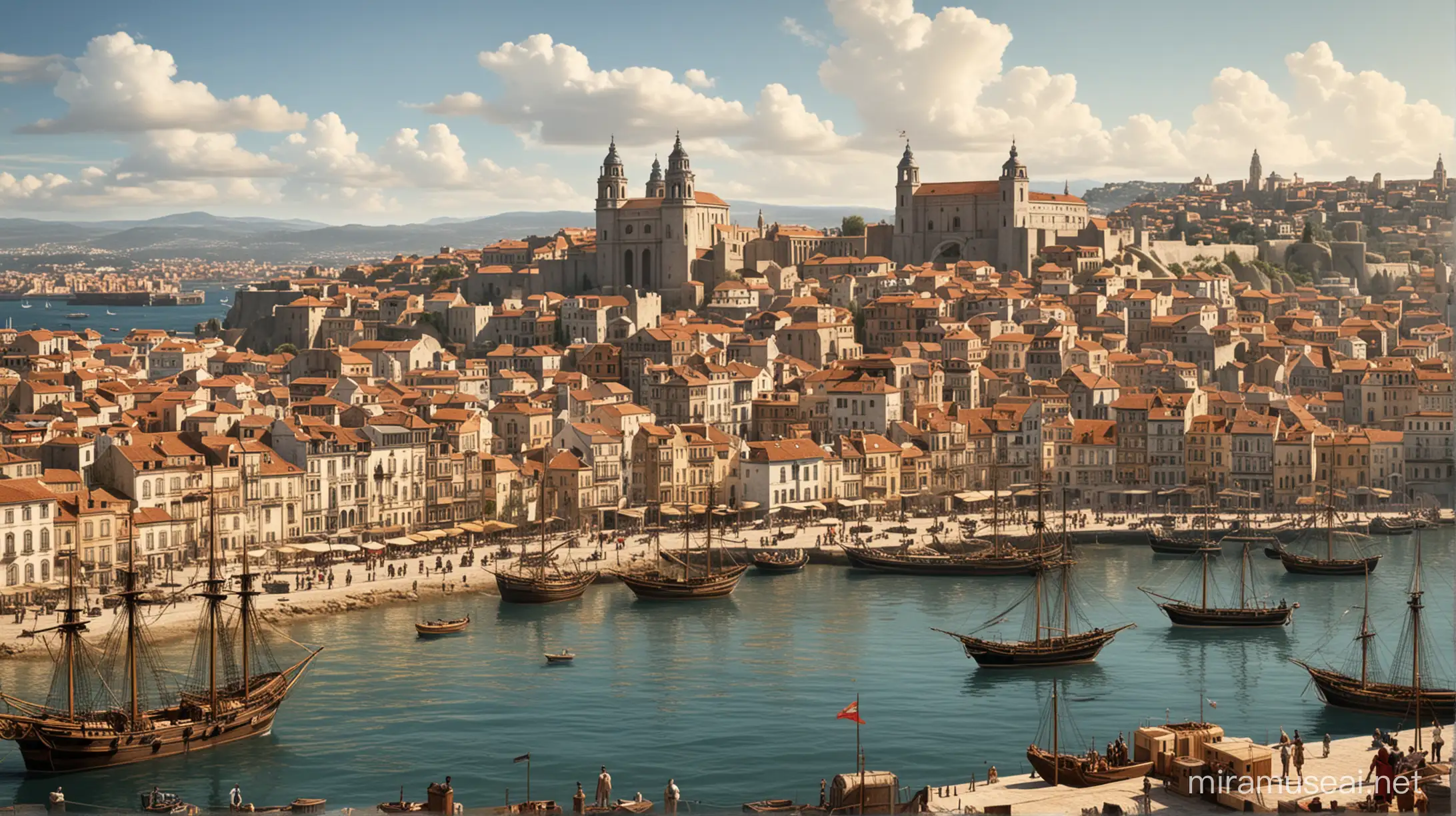 Royale Spanish City Port in the 1700s Bustling Maritime Scene with Ships and Architecture