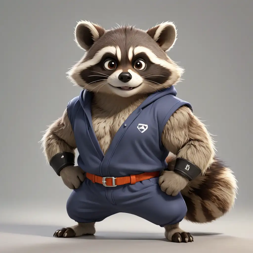 A raccoon in cartoon style, full body, Body building clothes, with clear background