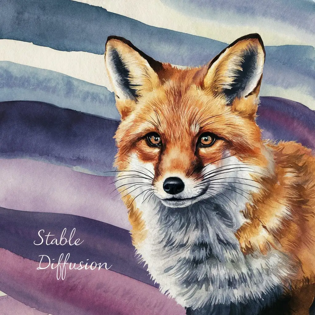 watercolor painting of  a fox with the word stable diffusion text