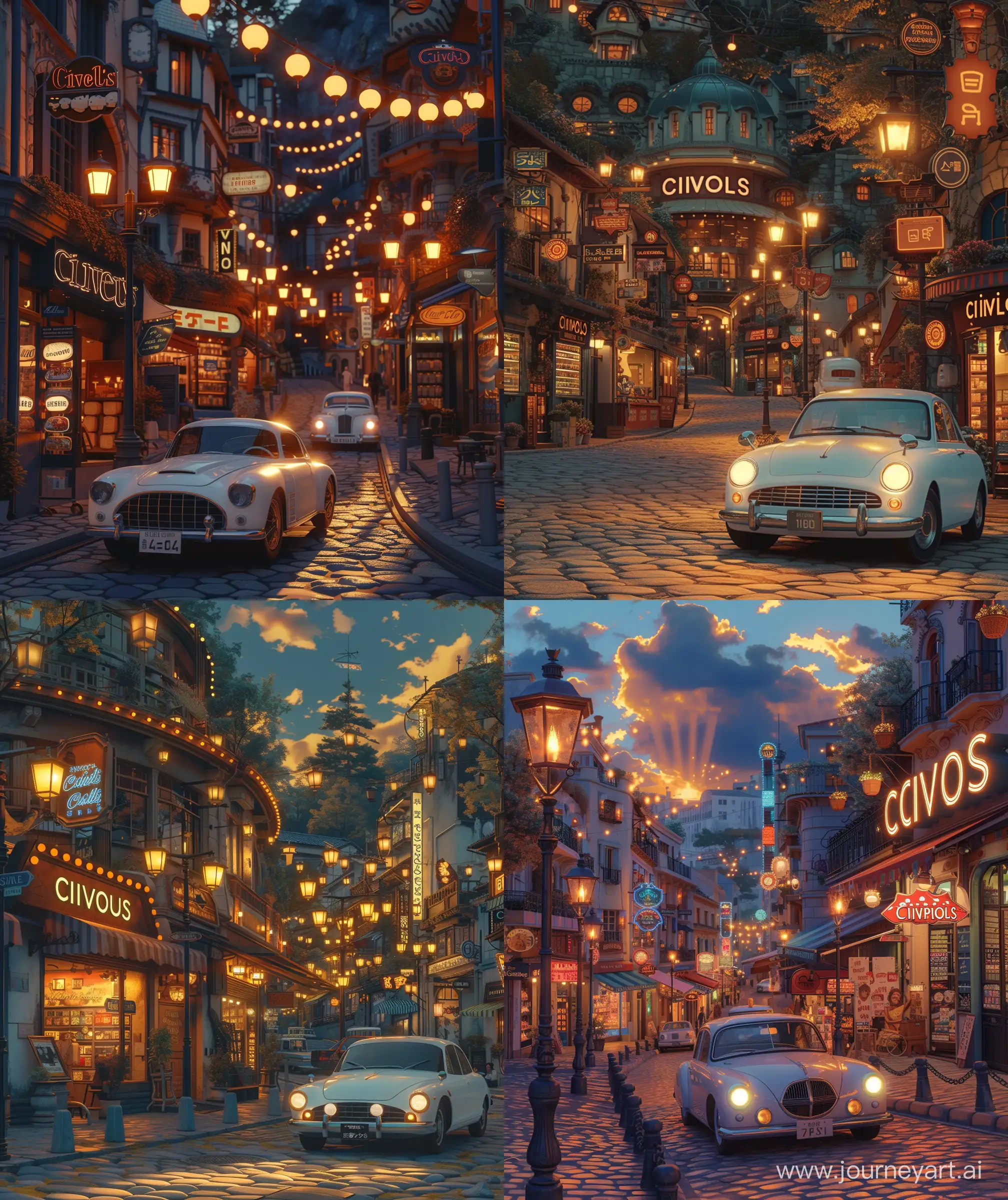Beautiful anime scenary, Ghibli style, illustration ,retro style street, evening time, sunlight over building, many beautiful shop, white retro car, many lamp post, cinema theatre, "Cinepolis" writing sign, verious glowing sign, decorating, stone pavement road, Ghibli, anime scenary,  no hyperrealistic --ar 27:32 --s 400