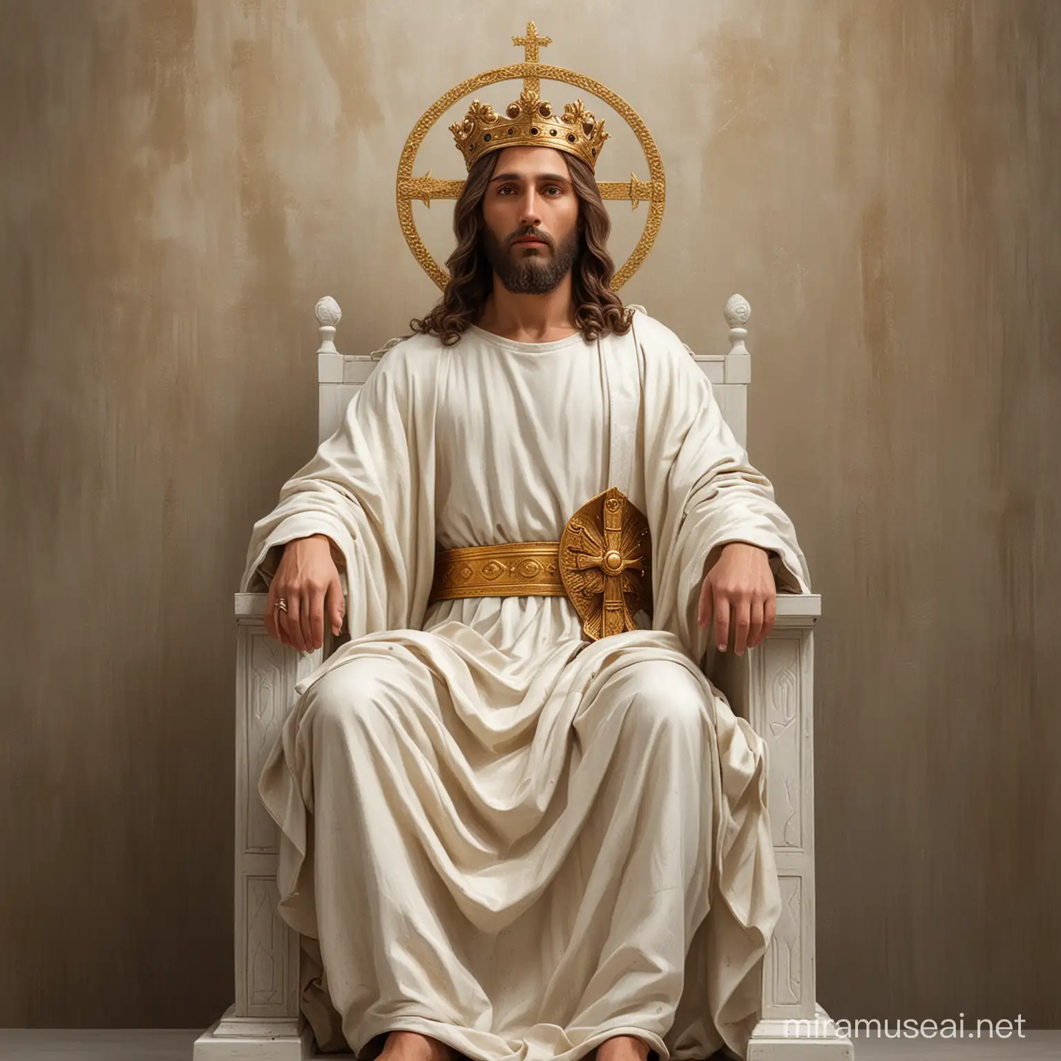 christ sitting on the throne with round crown