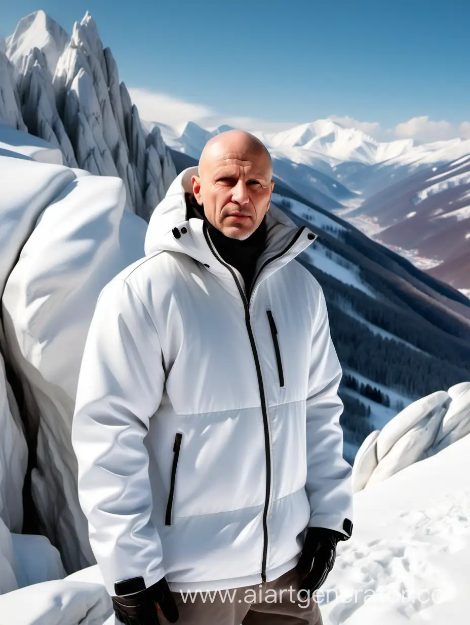 лысый мужчина в белой зимней куртке с капюшоном в горах, на фоне красивые белоснежные скалы