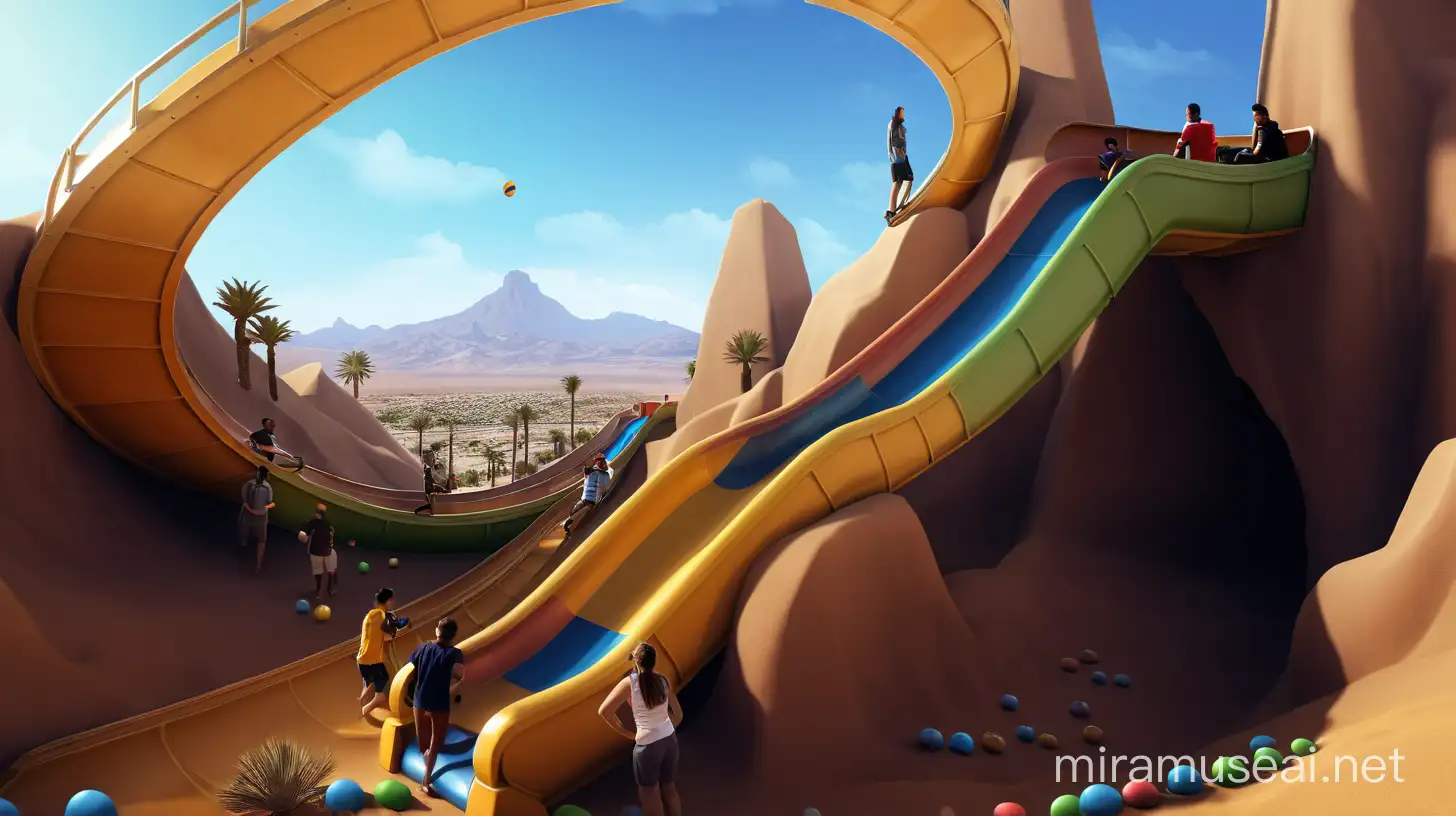 A city of games in the desert and a slide in the sandy heights 