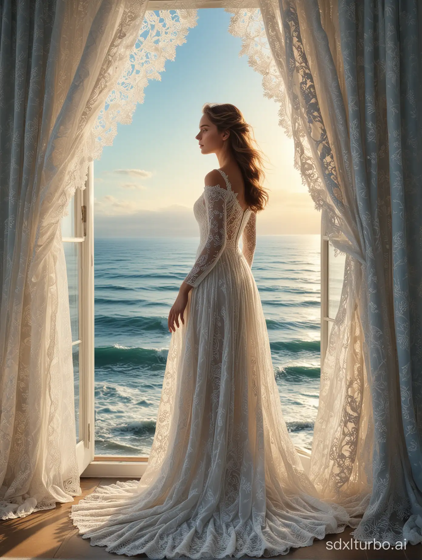 "Imagine a stunning scene where a beautiful woman gazes out of a window, her silhouette framed against the backdrop of a vast blue sea stretching towards the horizon. The gentle sunlight bathes her features, accentuating her delicate beauty as she contemplates the endless expanse ahead. Every detail, from the intricate lace curtains gently swaying in the breeze to the subtle interplay of light on her skin, adds depth and richness to the composition. It's a moment frozen in time, reminiscent of the timeless elegance captured by artists like Monet in his tranquil seascapes."