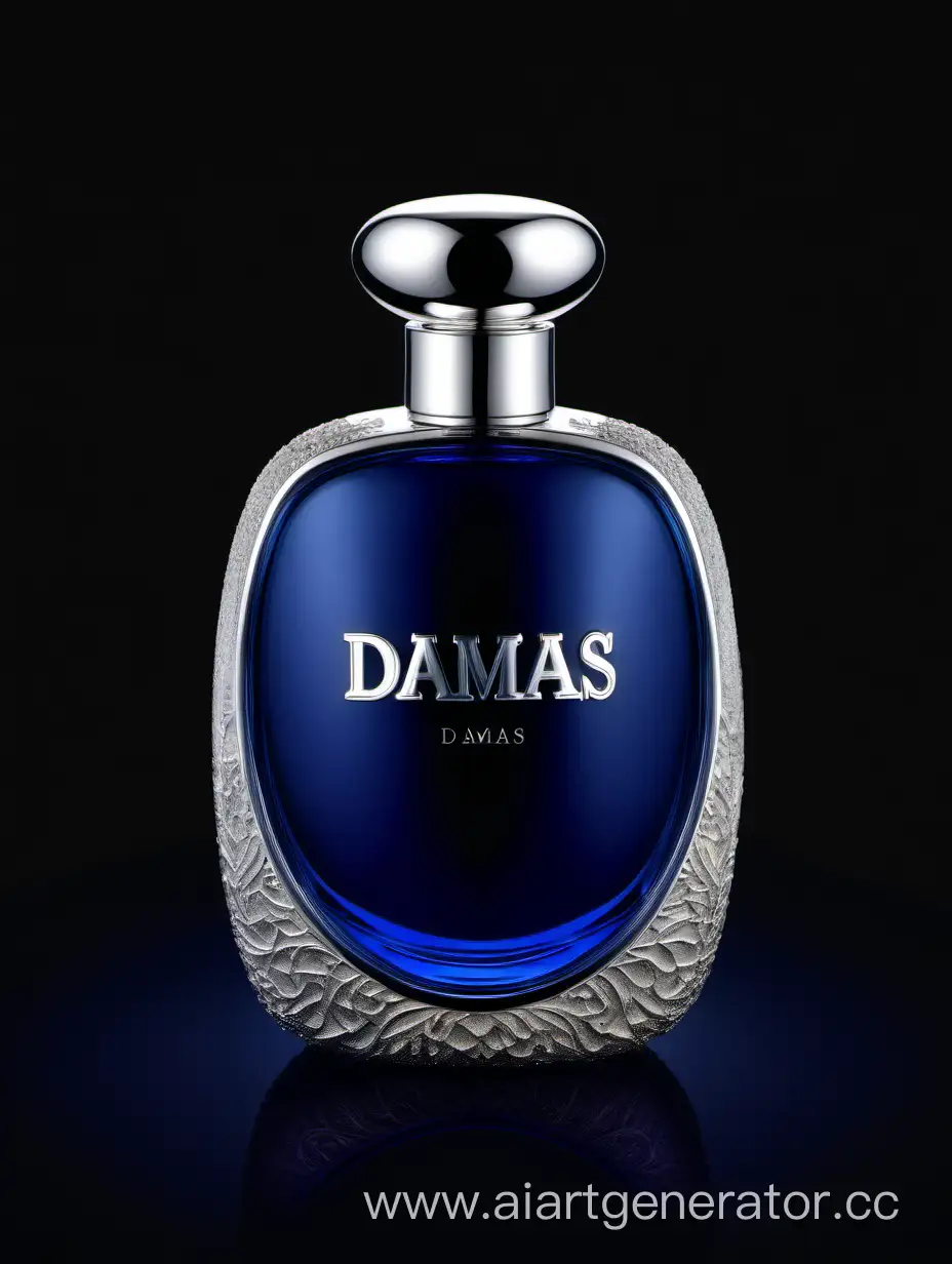 Luxurious-Silver-and-Dark-Matt-Blue-Perfume-with-3D-Details-on-Black-Background