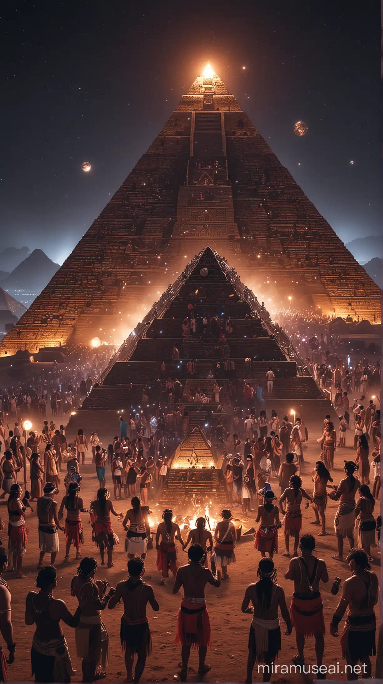aztec people dancing and having a techno rave party at night, disco balls are flashing, there is a dj in the middle and an aztec pyramid can be seen far away