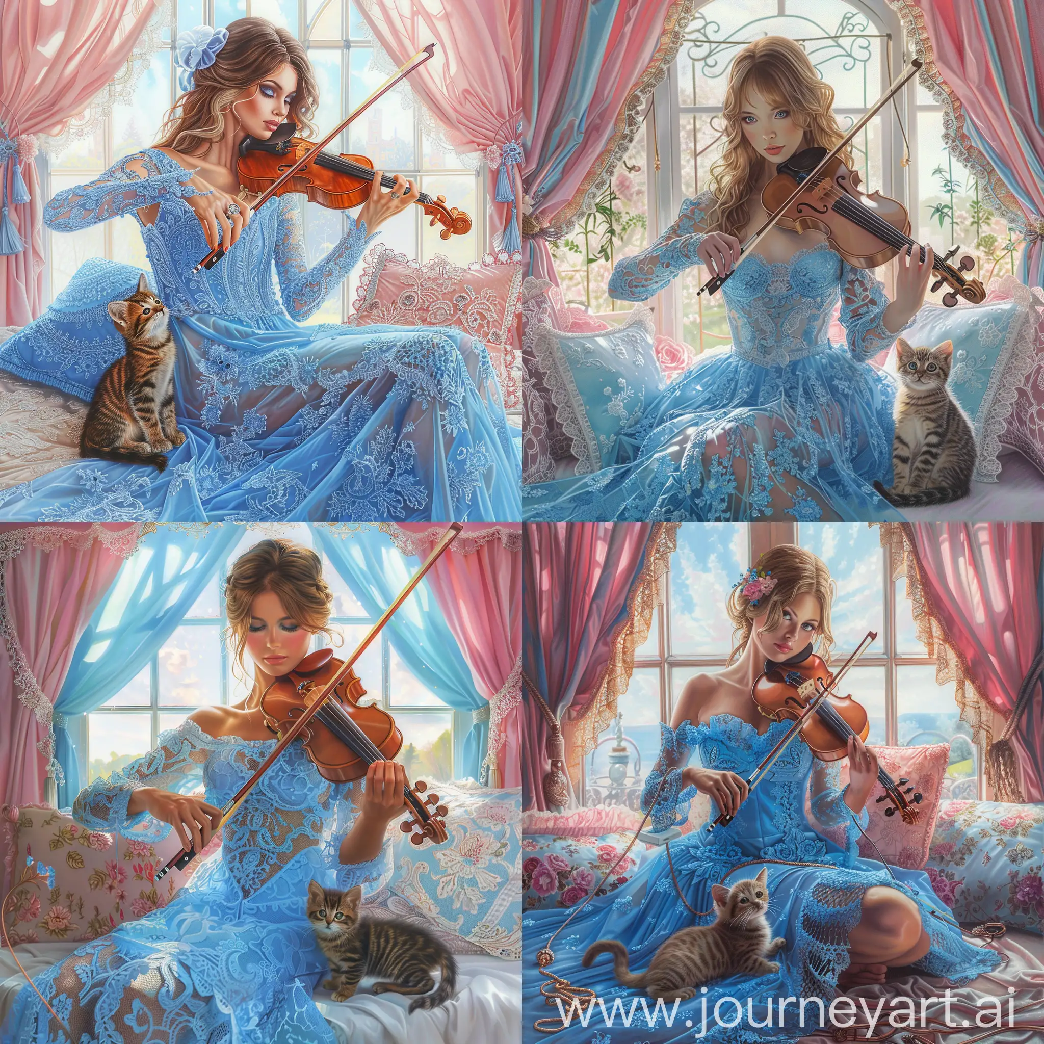 Elegant-Lady-Playing-Violin-with-Kitten-in-Sunlit-Room