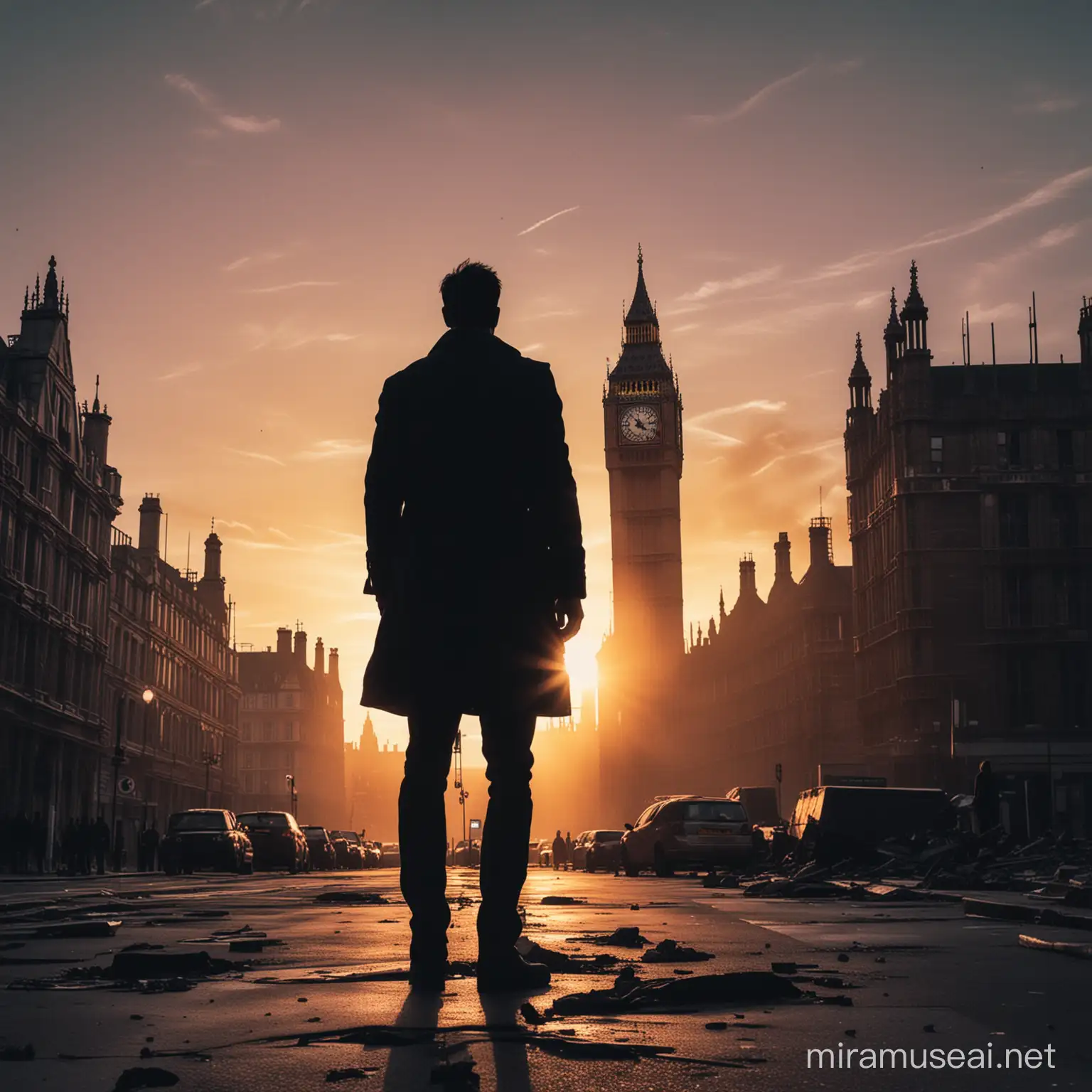 A photo of a man's silhouette, standing in the streets before a destroyed, dystopian London. Show Big Ben or other landmarks. At sunset, with color except on the man.
