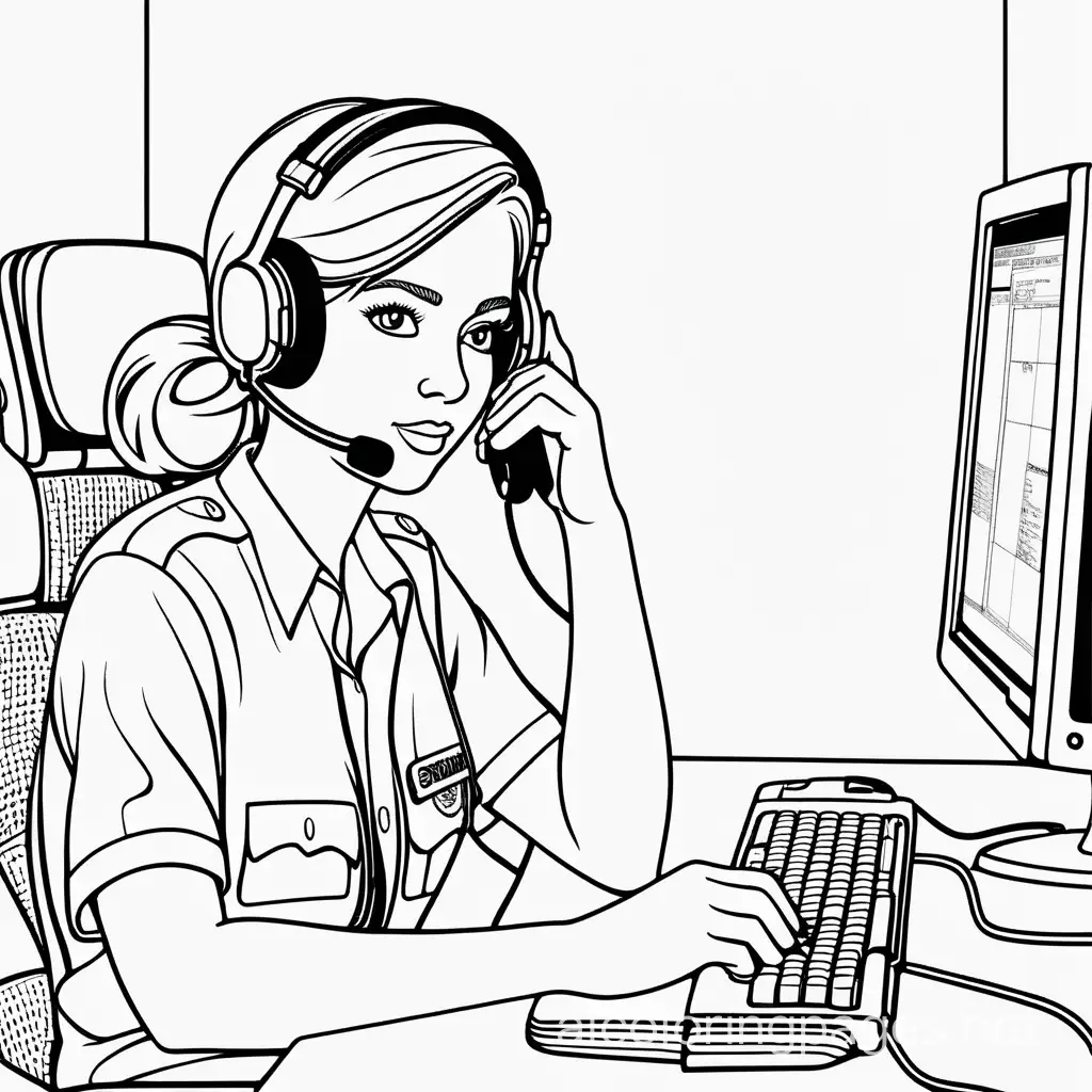 911 dispatcher, Coloring Page, black and white, line art, white background, Simplicity, Ample White Space. The background of the coloring page is plain white to make it easy for young children to color within the lines. The outlines of all the subjects are easy to distinguish, making it simple for kids to color without too much difficulty