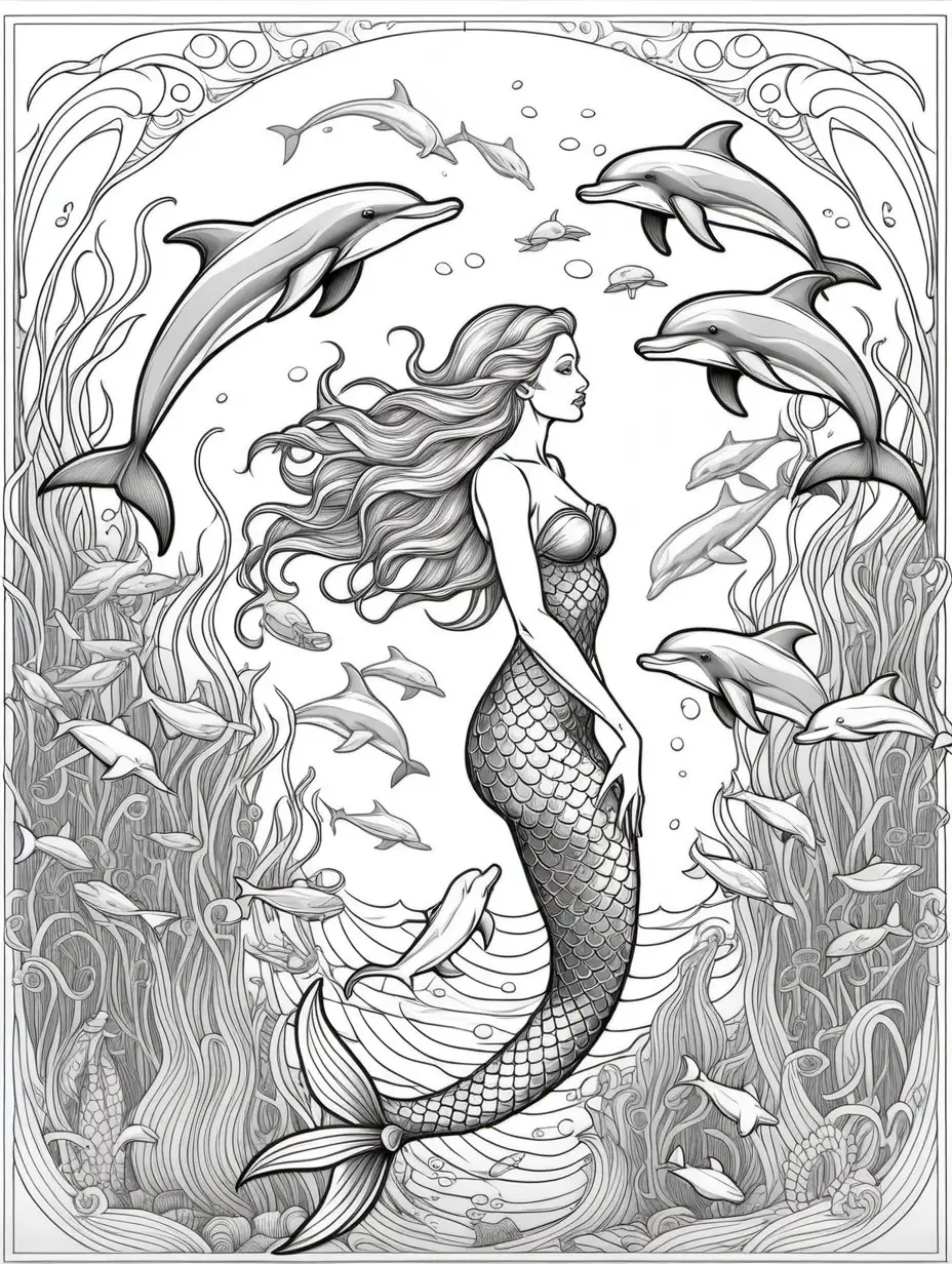 Mermaid and Dolphins Adult Fantasy Coloring Page