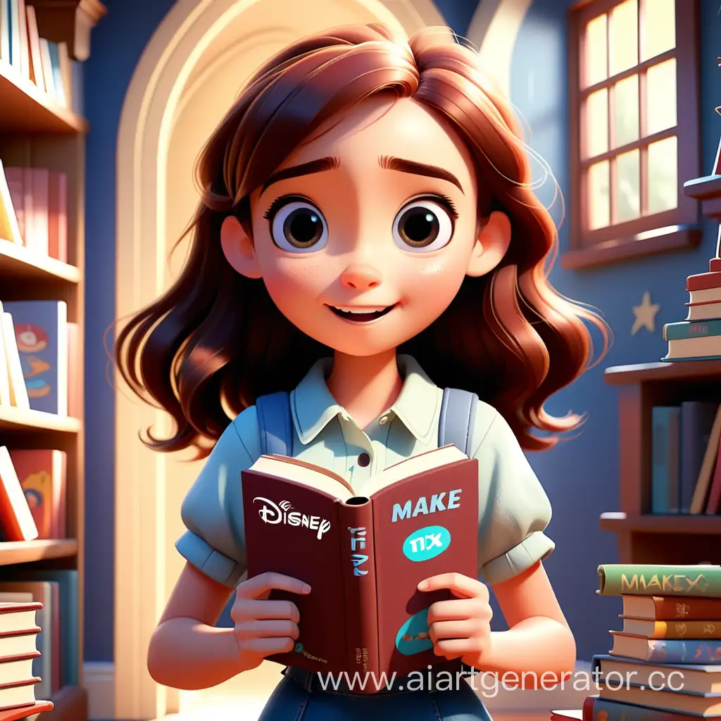 a cute  girl is holding english book make it in disney pixar style
