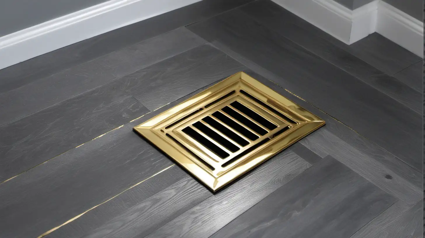 rectangular shiny gold vent on gray wood floor corner. make the image lighter and clearer
