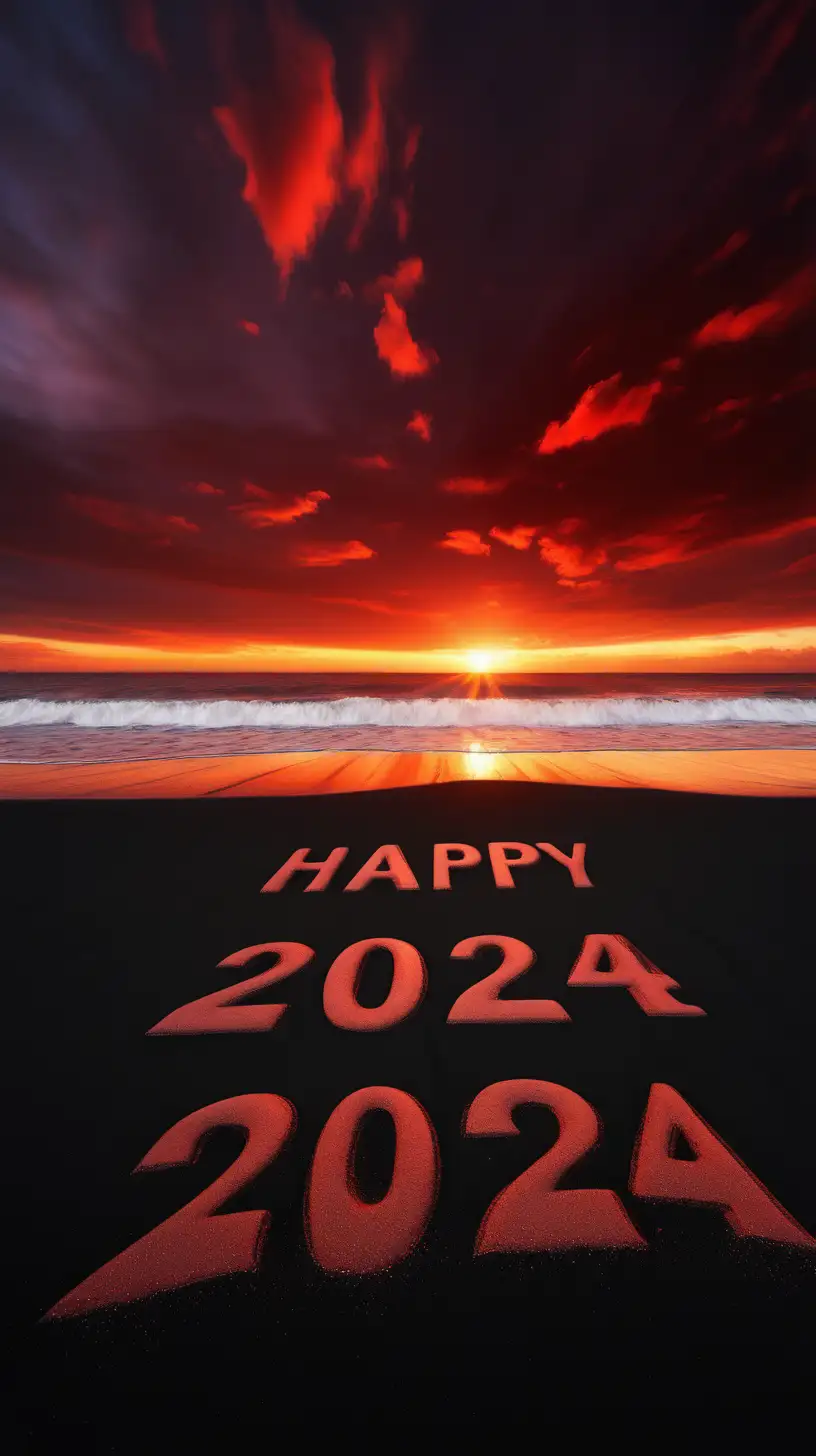 Happy 2024 written in Black Sand. Sunset time. Dark red clouds
