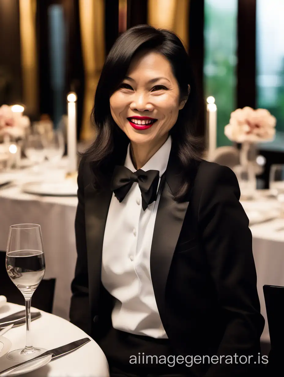 40 year old smiling Vietnamese woman with shoulder length hair and lipstick wearing a formal tuxedo with a black bow tie.  She is at a dinner table.