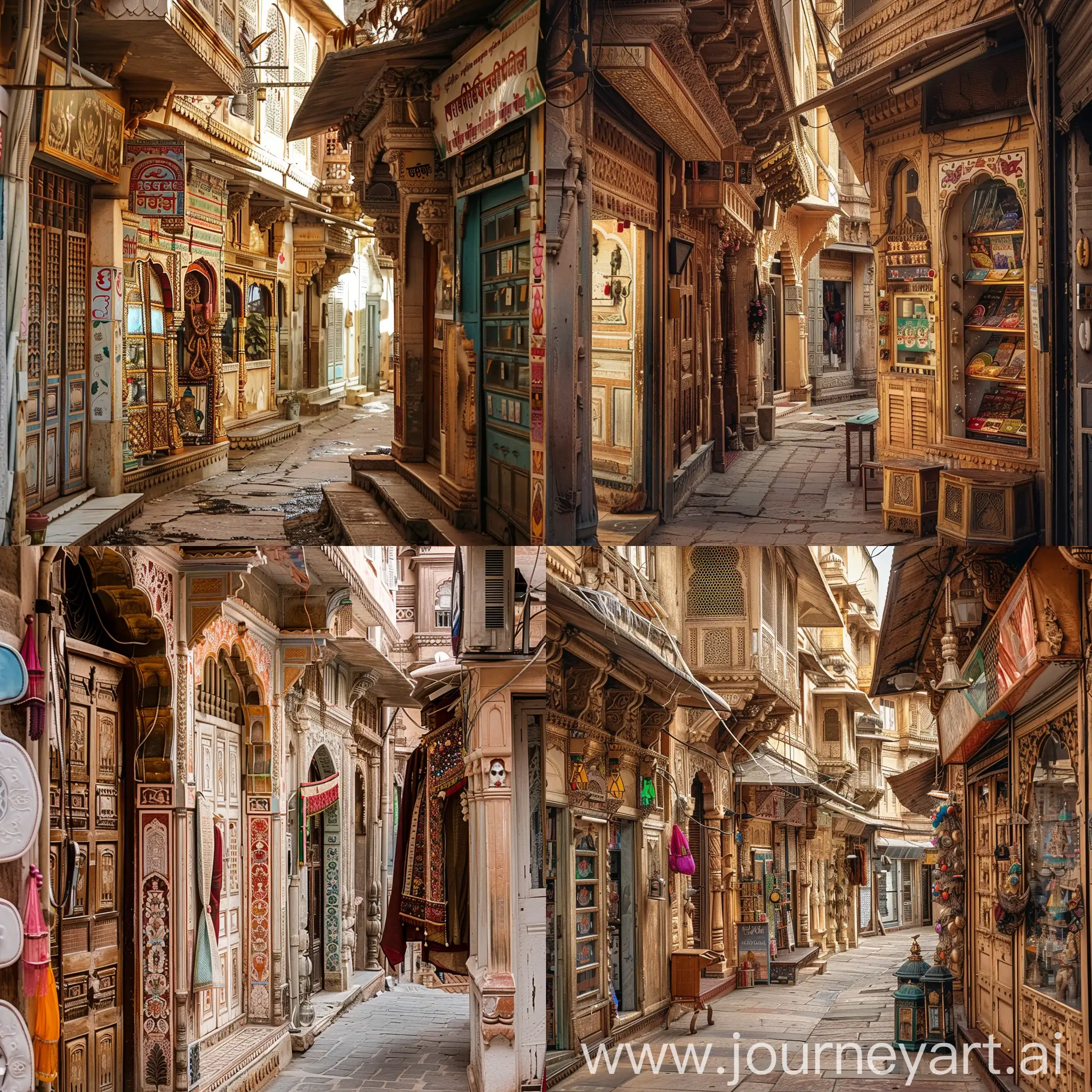 
Imagine walking down a narrow street in Rajasthan, surrounded by traditional shops with ornate facades. Each shop is unique, with its own style and character, making for a visually stunning scene.