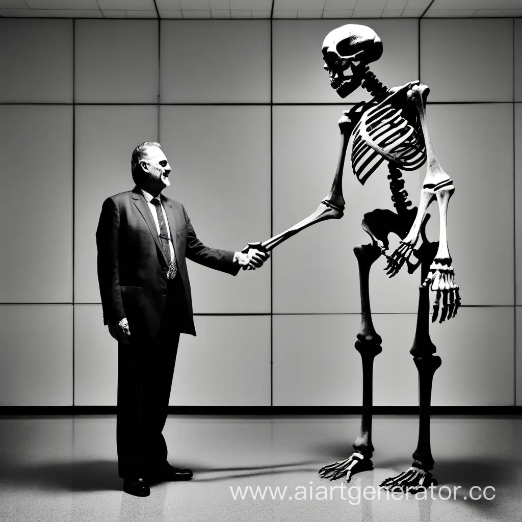 мужчина жмет руку скелету в полный рост