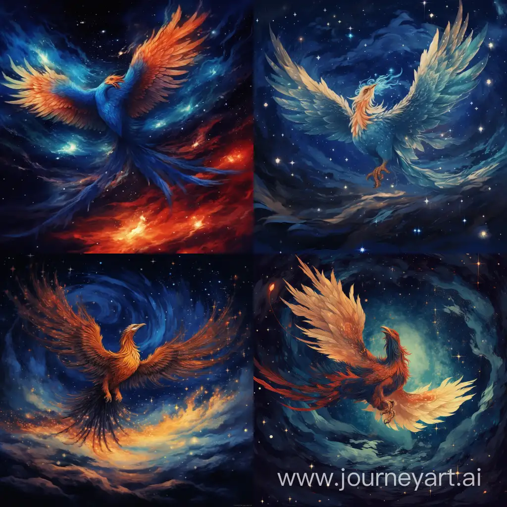 a phoenix flying under the blue stars.