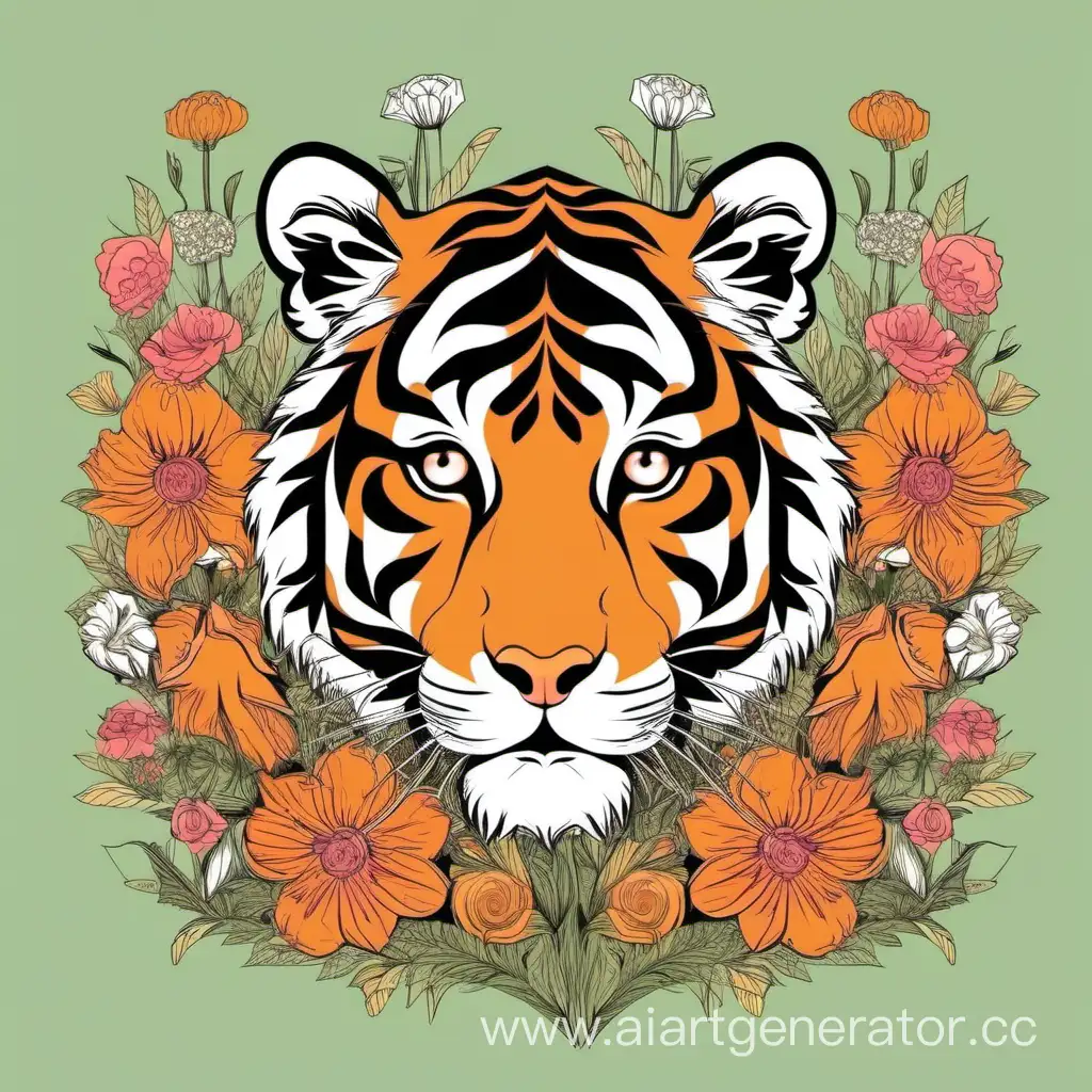 Тигр в цветах. Стиль лайнарт


