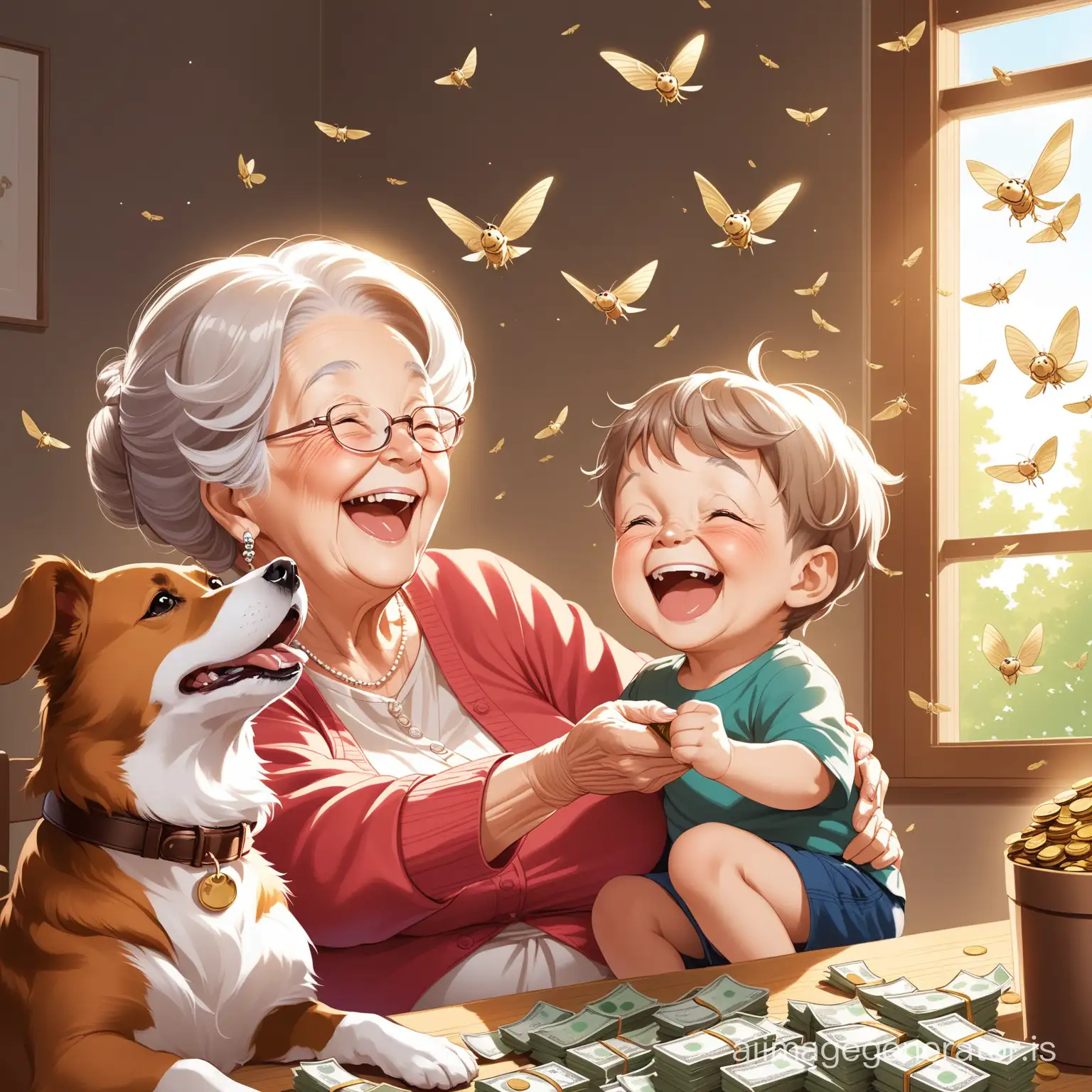 Grandma and her little boy 
 and the dog sit laughing and money flies around