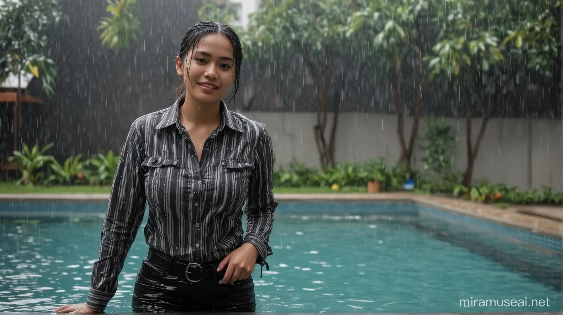 30 years old woman, indonesian, chubby, tight fit long sleeves buttoned black-grey stripes shirt, black long pants with belt, heavy downpour rain, in the swimming pool, dripping wet, poolside, smirk, night, low light, close-up
