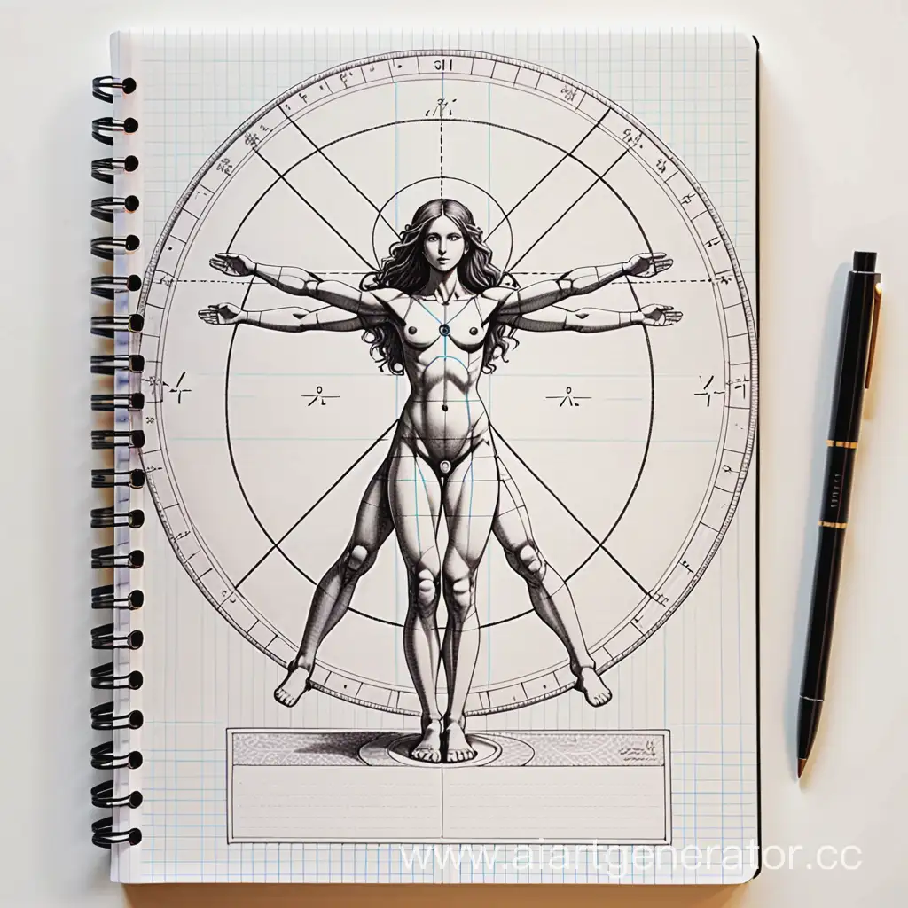 SuperIntelligent-Girl-in-Cosmos-with-Vitruvian-Man-Pen-Drawing-on-Grid-Notebook