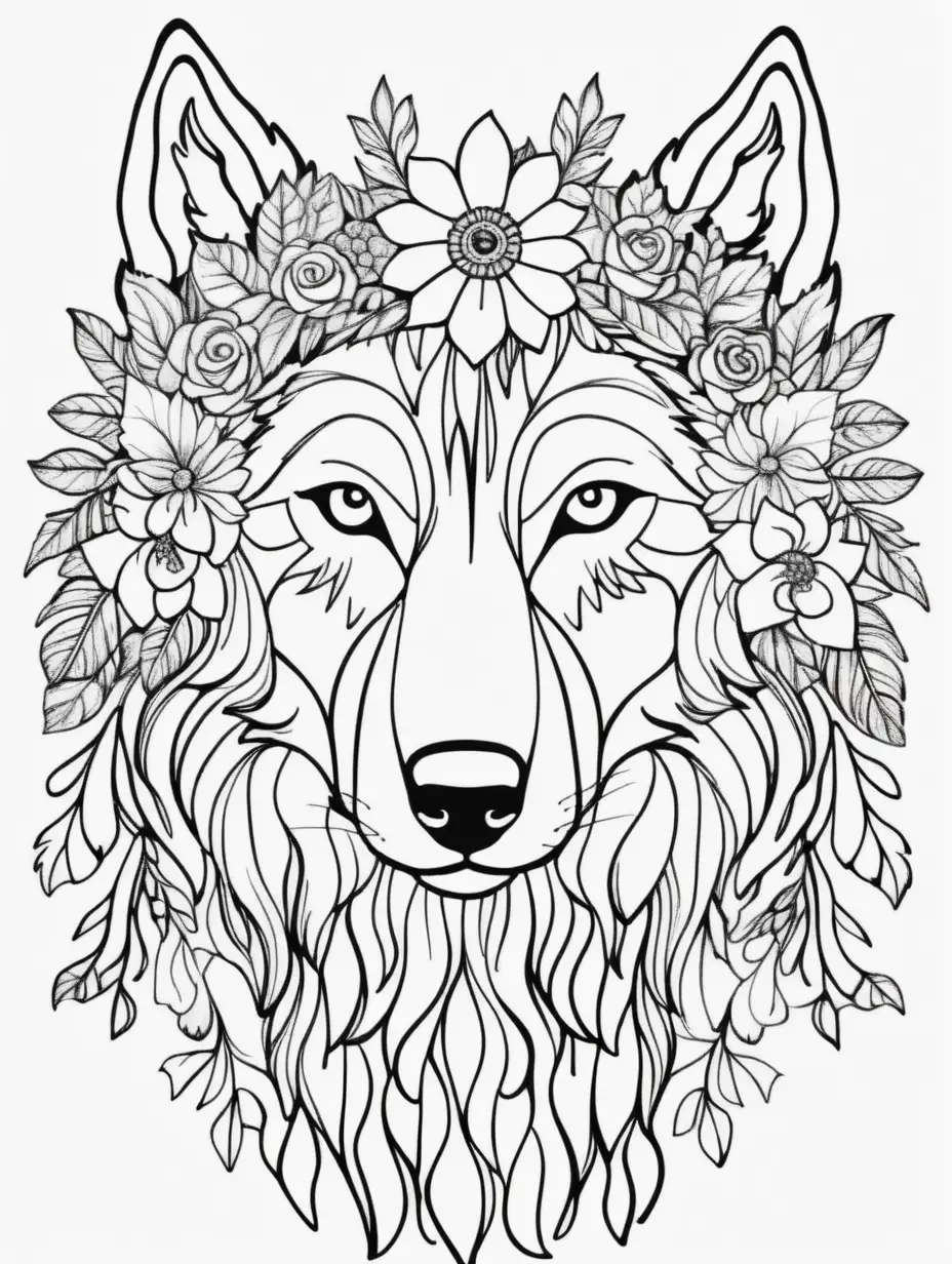 clean black and white, white background, adult coloring book style drawing, 2D, simple line drawing, minimalist pattern vector, doodle art wolf with a flower crown