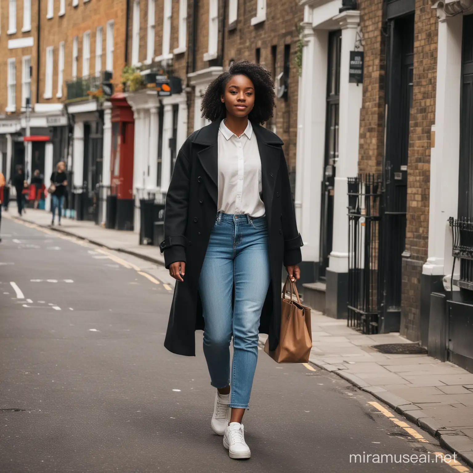 black young lady walking  on London street, 
