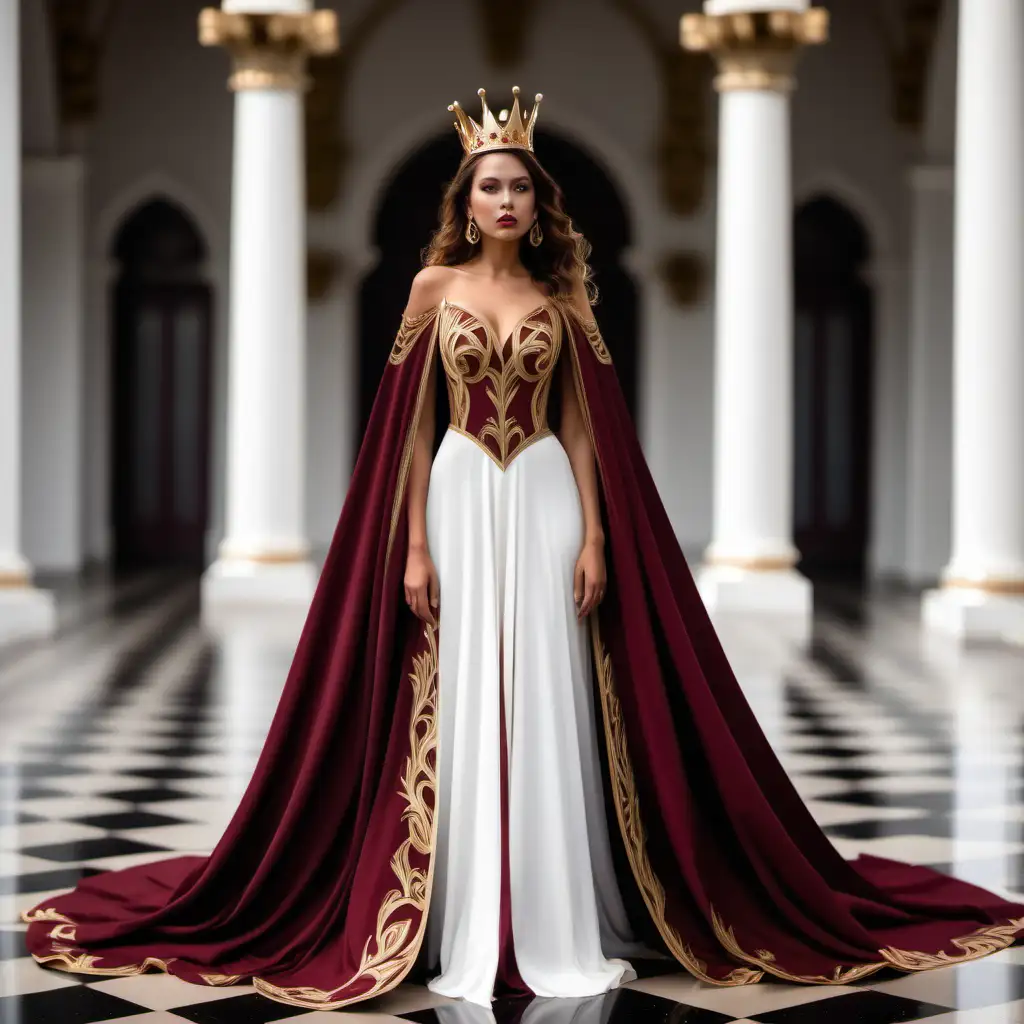 fantasy, queens gown, burgundy color, gold accents, flowy fabric, beautiful, elegant, crown, matching cape, white palace