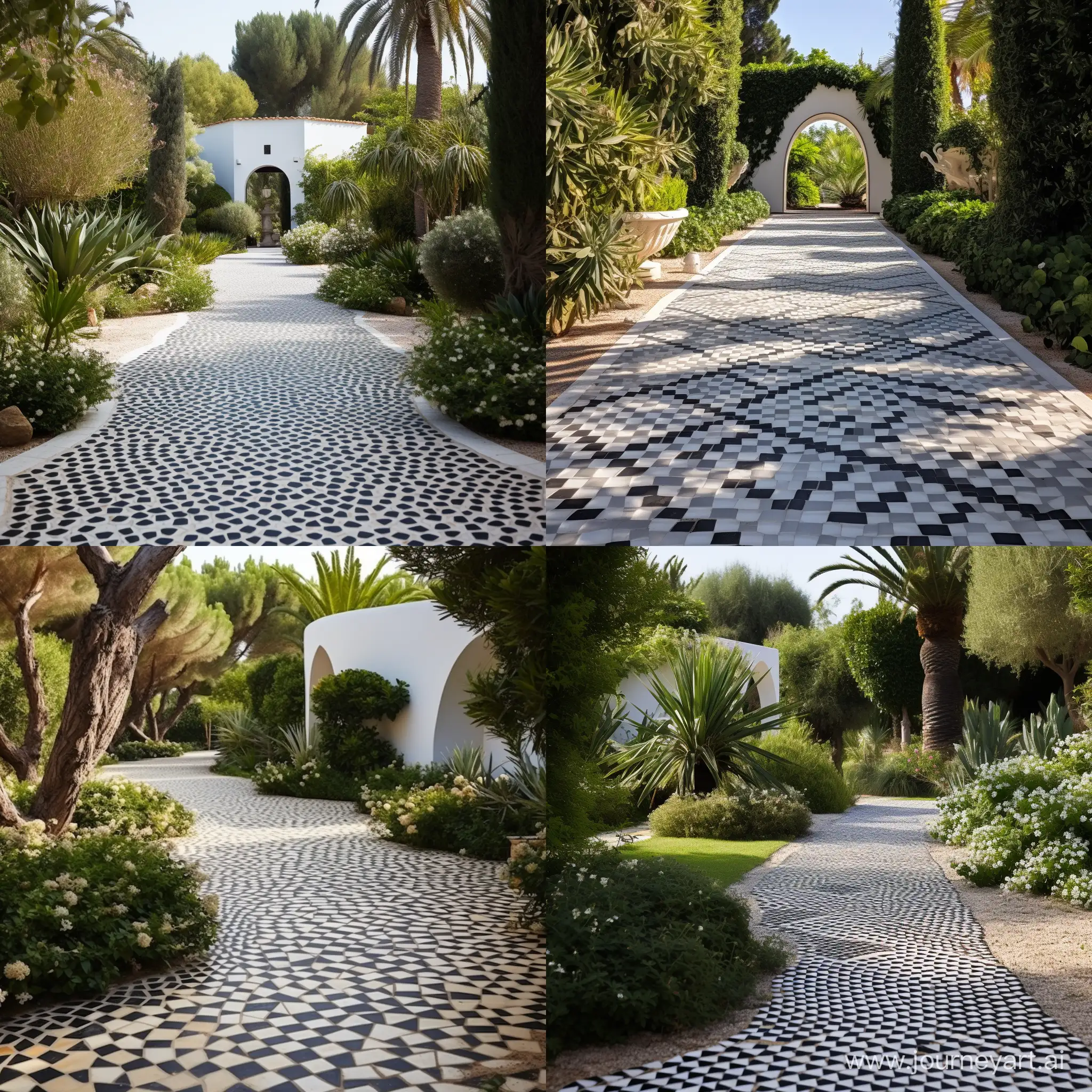 Elegant-Geometric-Patterned-Footpath-in-Villa-Garden-with-White-and-Black-Gravel