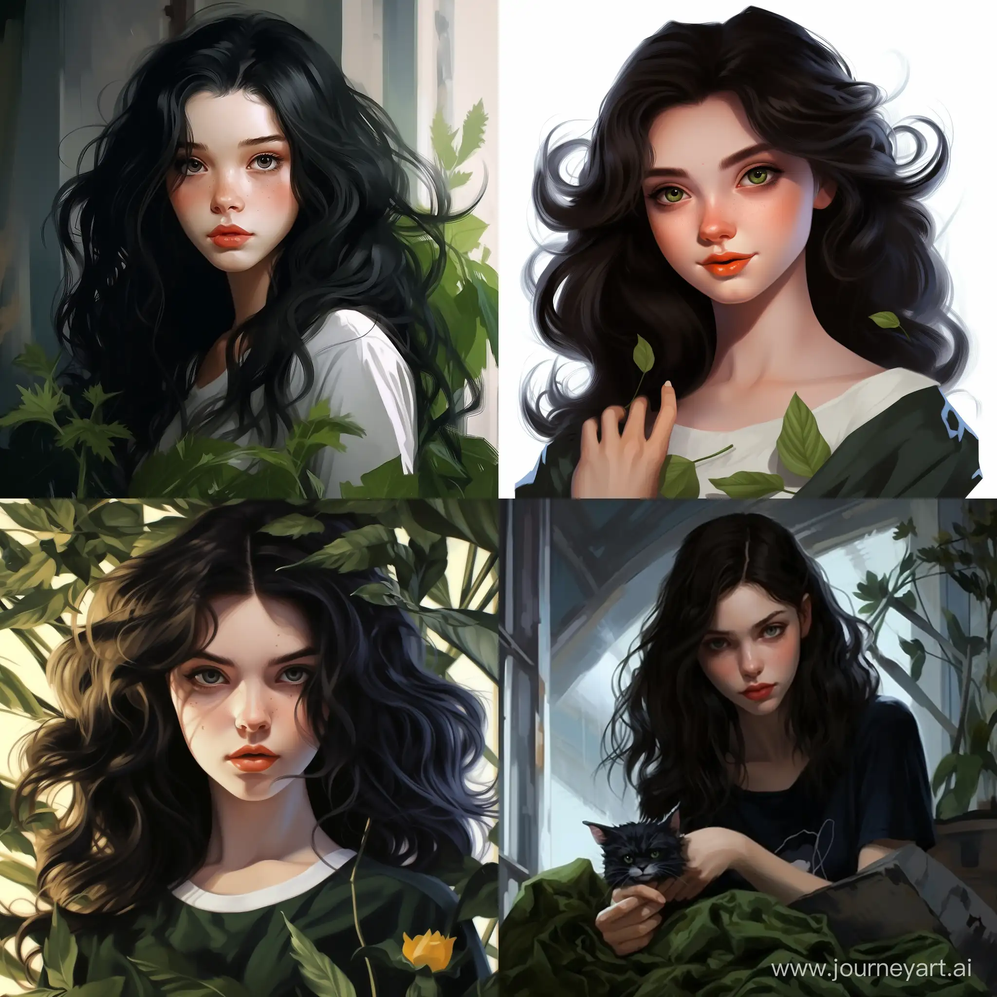 Beautiful girl, straight dark hair, expressive green eyes, snow-white skin, teenager, witch, magic in the palms, conjures, high quality, high detail, cartoon art