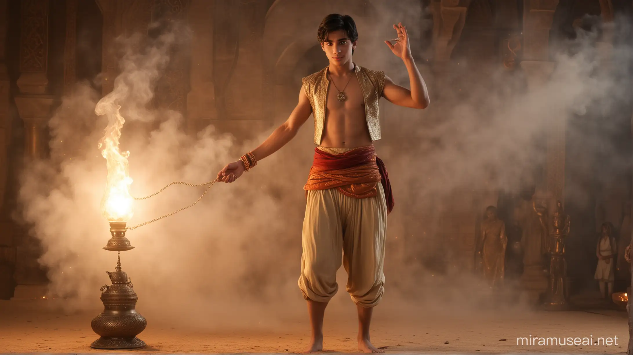 Young Aladdin with Magic Lamp and Colored Smoke