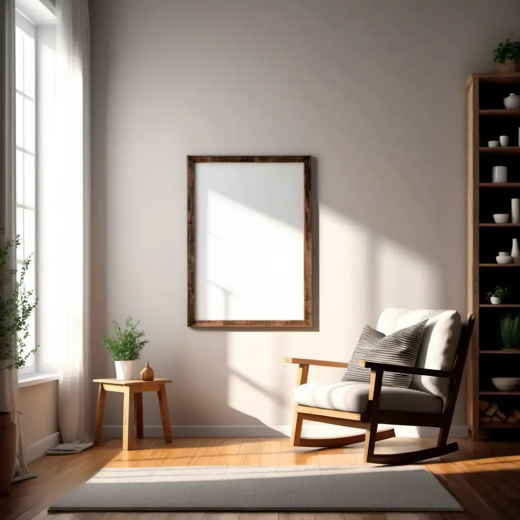 White Wooden Poster Frame Mockup in Cozy Farmhouse Living Room with Shadow and Reflection Overlay 4K Quality