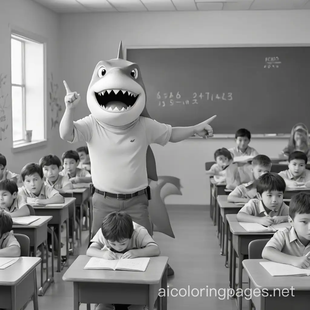 shark-man is a teacher in the front of a classroom pointing at the board where is there a math equation. A bunch of little shark-men sit at desks and look on , Coloring Page, black and white, line art, white background, Simplicity, Ample White Space. The background of the coloring page is plain white to make it easy for young children to color within the lines. The outlines of all the subjects are easy to distinguish, making it simple for kids to color without too much difficulty