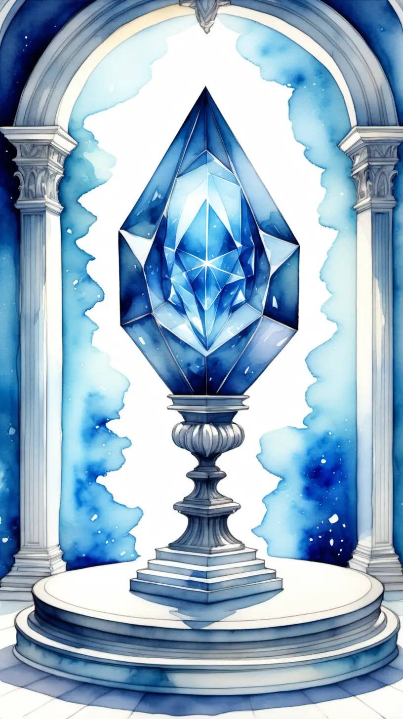 Illuminated, beautiful room inside a pedestal with a blue crystal in the middle, blue crystal in the middle, use watercolor style