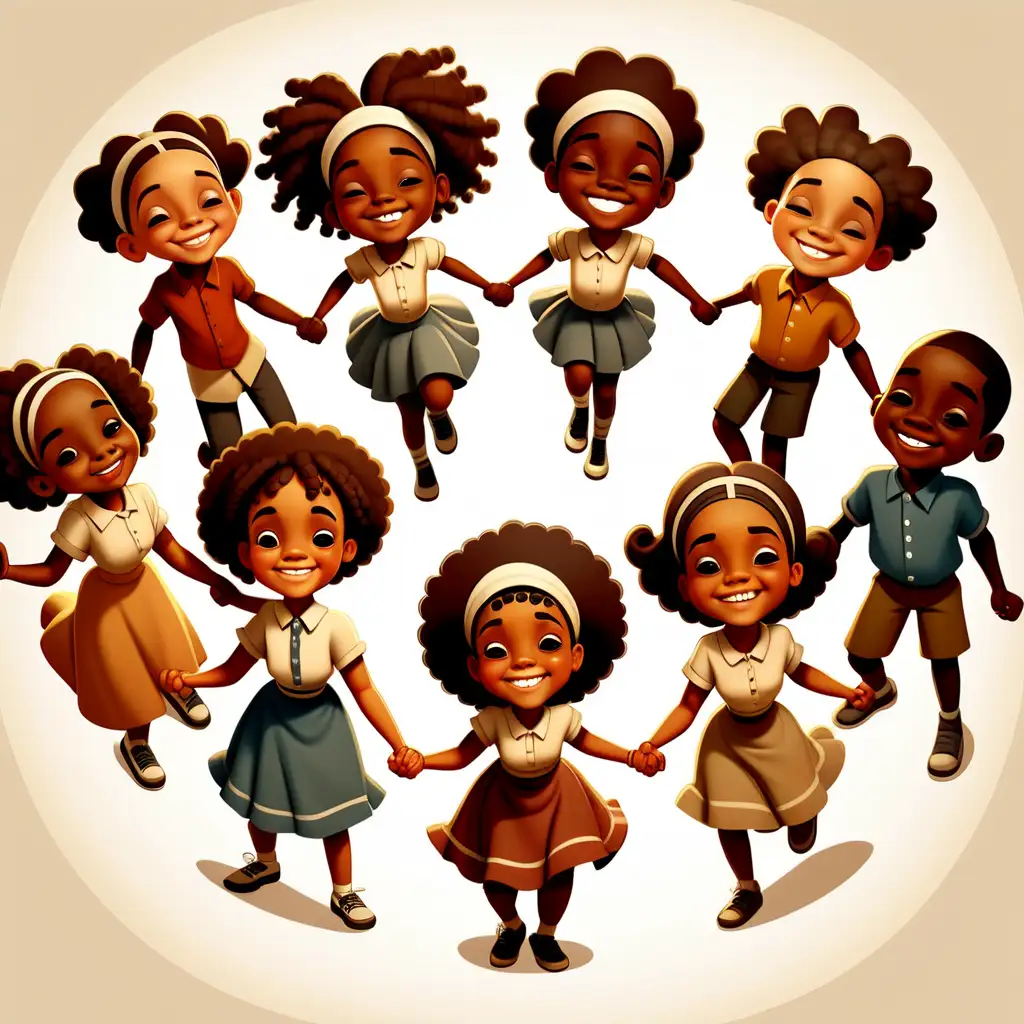 1900s cartoon style African American kids holding hands twirling in a circle smiling  with the words freedom around them top view