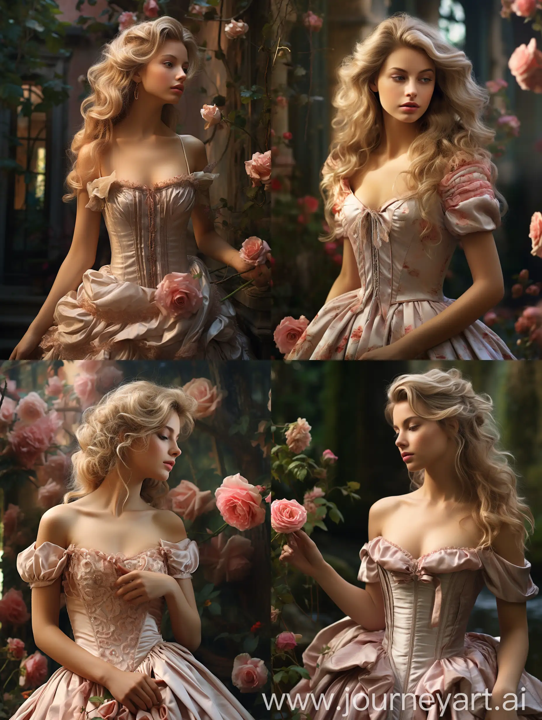  18th-century young woman strolling through garden, realistic photorealistic style, historical charm fairy-tale elegance, debutante with baroque opulence, rose-colored ballgown, luxury glamour, blonde hair, serene expression, distant garden backdrop, photographic medieval fashion aesthetics --v 5.2 --s 250