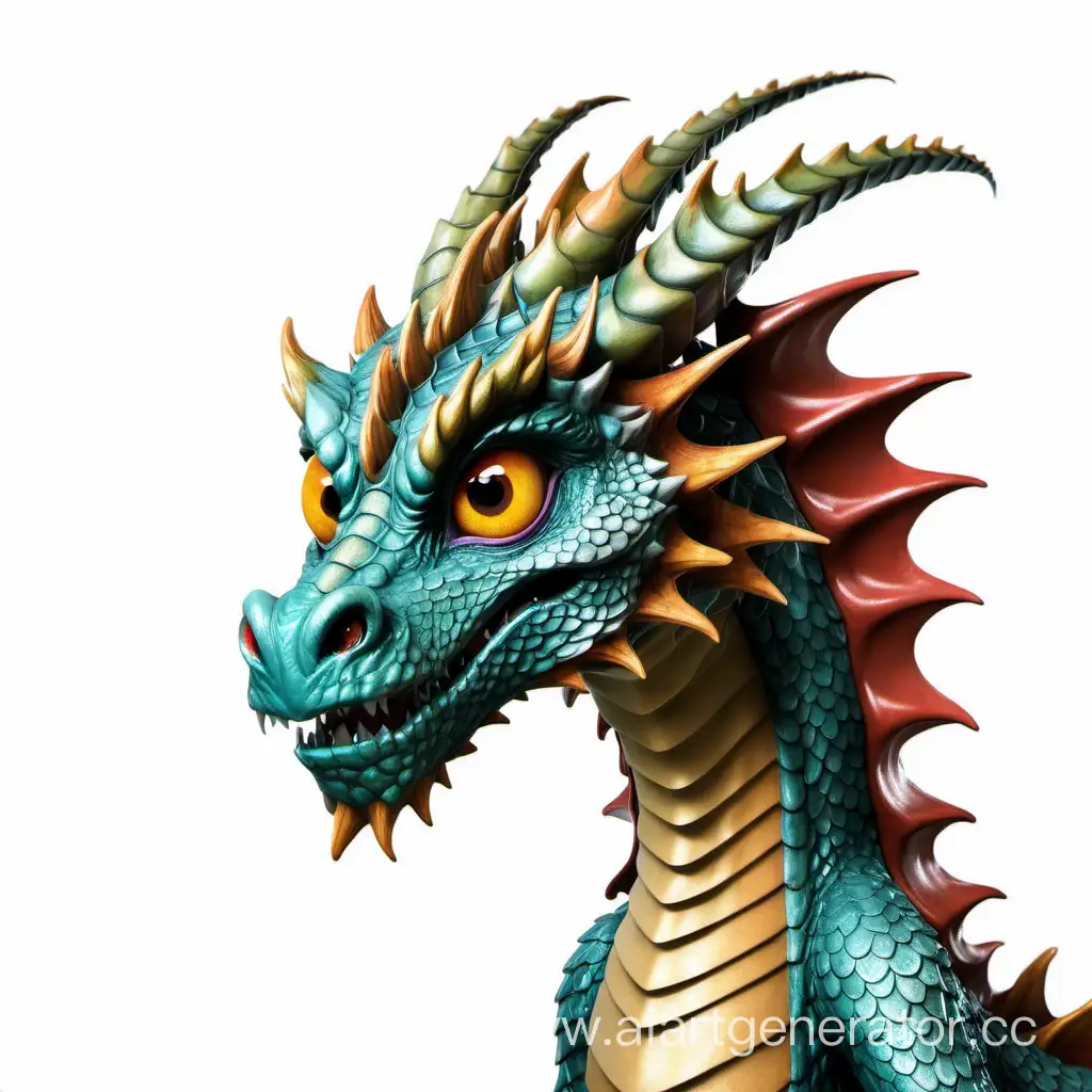 сказочный персонаж, похожий на дракона, прямой взгляд, добрые глаза, на белом фоне