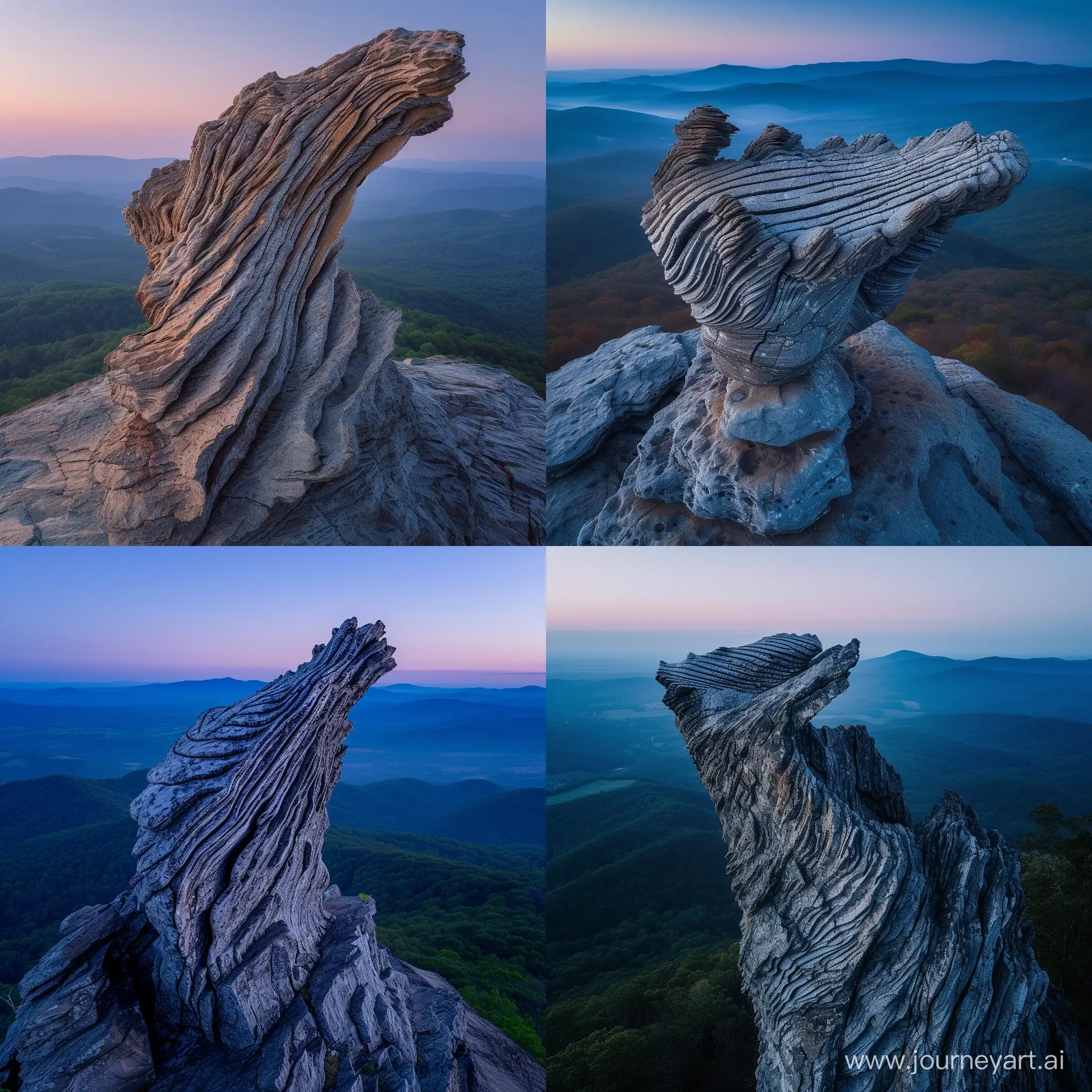 photo of humpback rock outcrop, outcrop looks exactly like a breaching humpback whale, head shape and front fin shape visible with striations on the ventral pleats, virginia, rolling blue ridge mountains in the background fading into deep blue, drone photography looking at the outcrop, morning, crisp, award winning landscape, sunrise, beautiful, gently lit by the sunrise