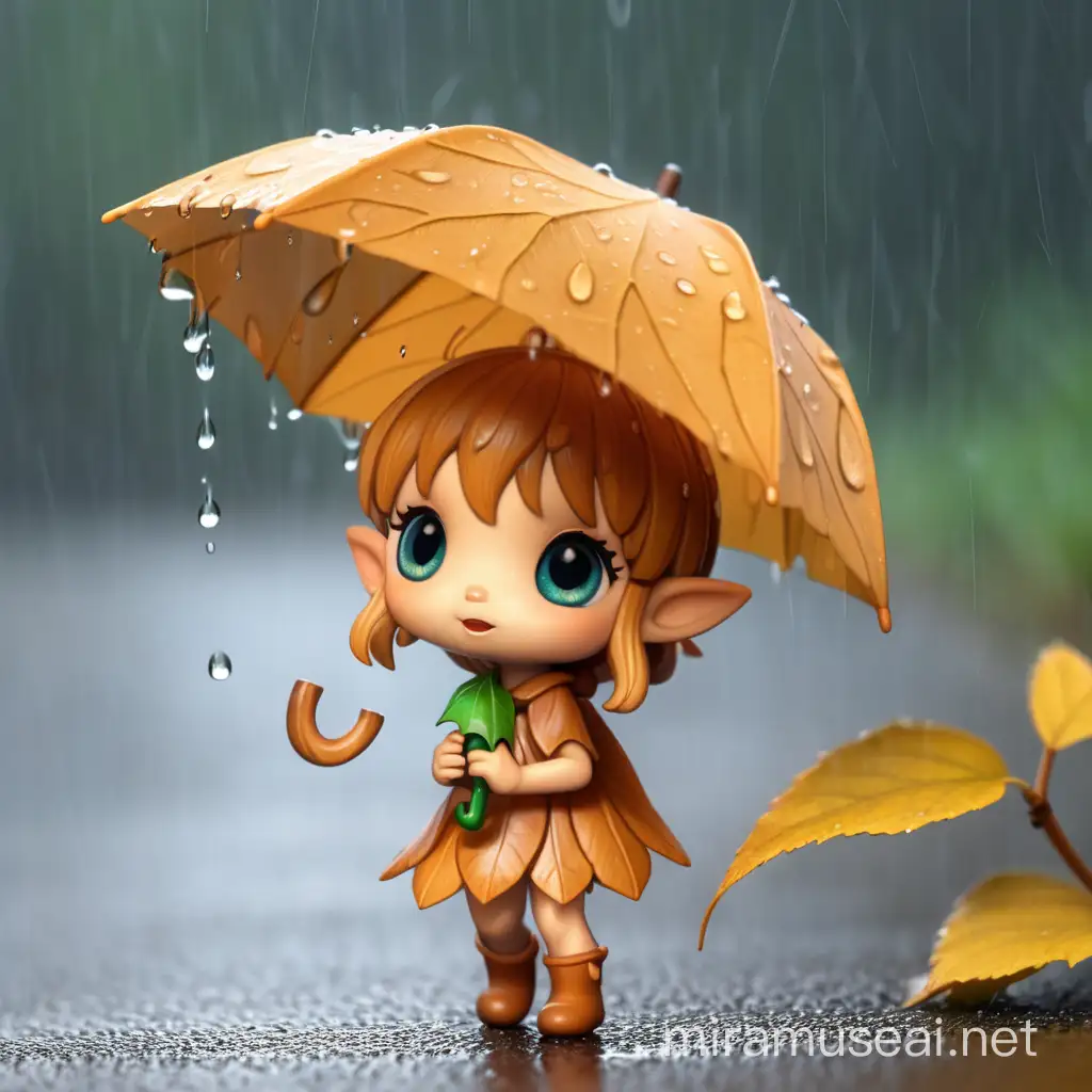 A tiny cute wood nymph gets caught in a downpouring rain with only a leaf for an umbrella